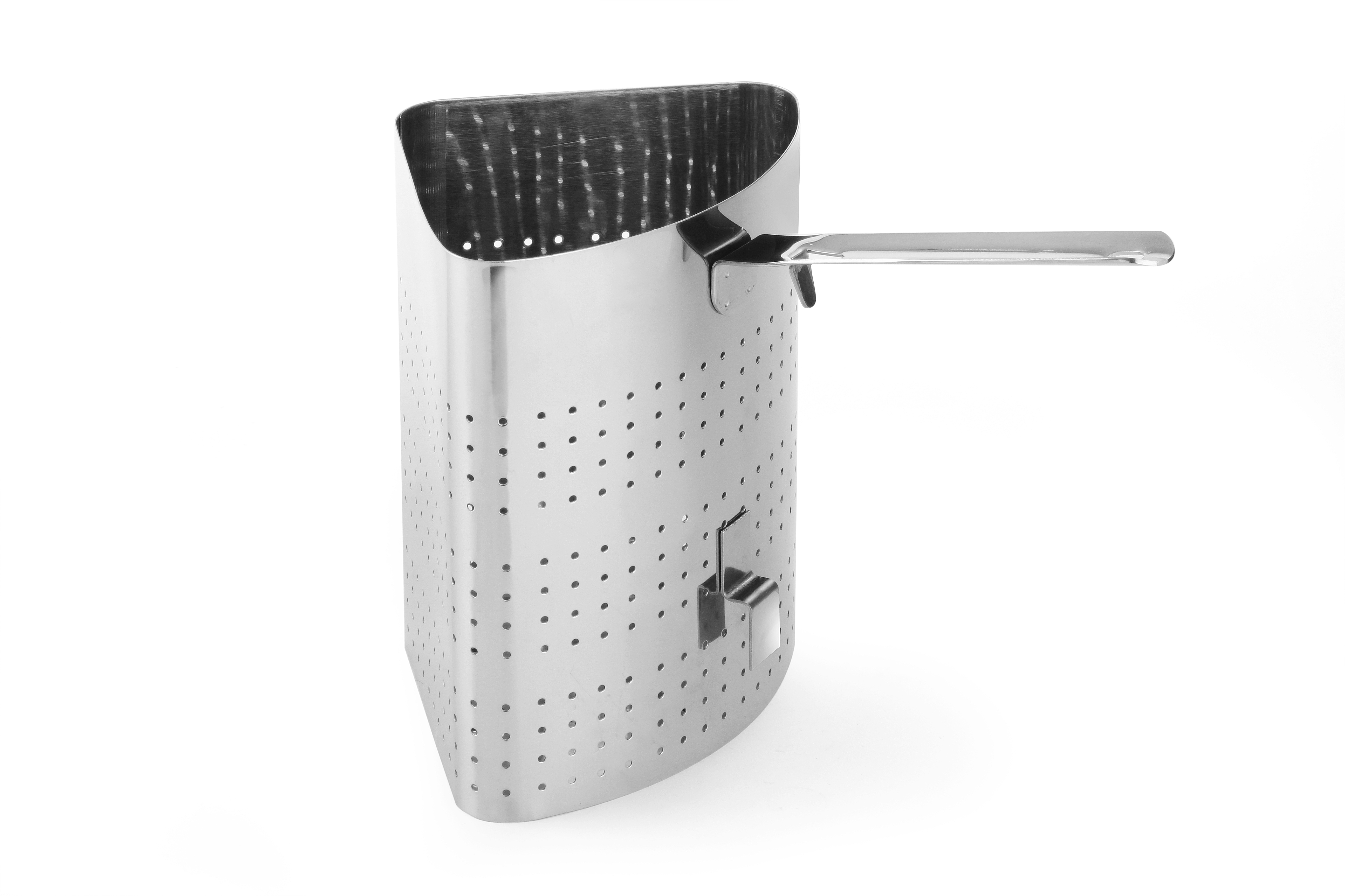 Porta utensili in acciaio inox. Lati perforati e curvi con manico.
