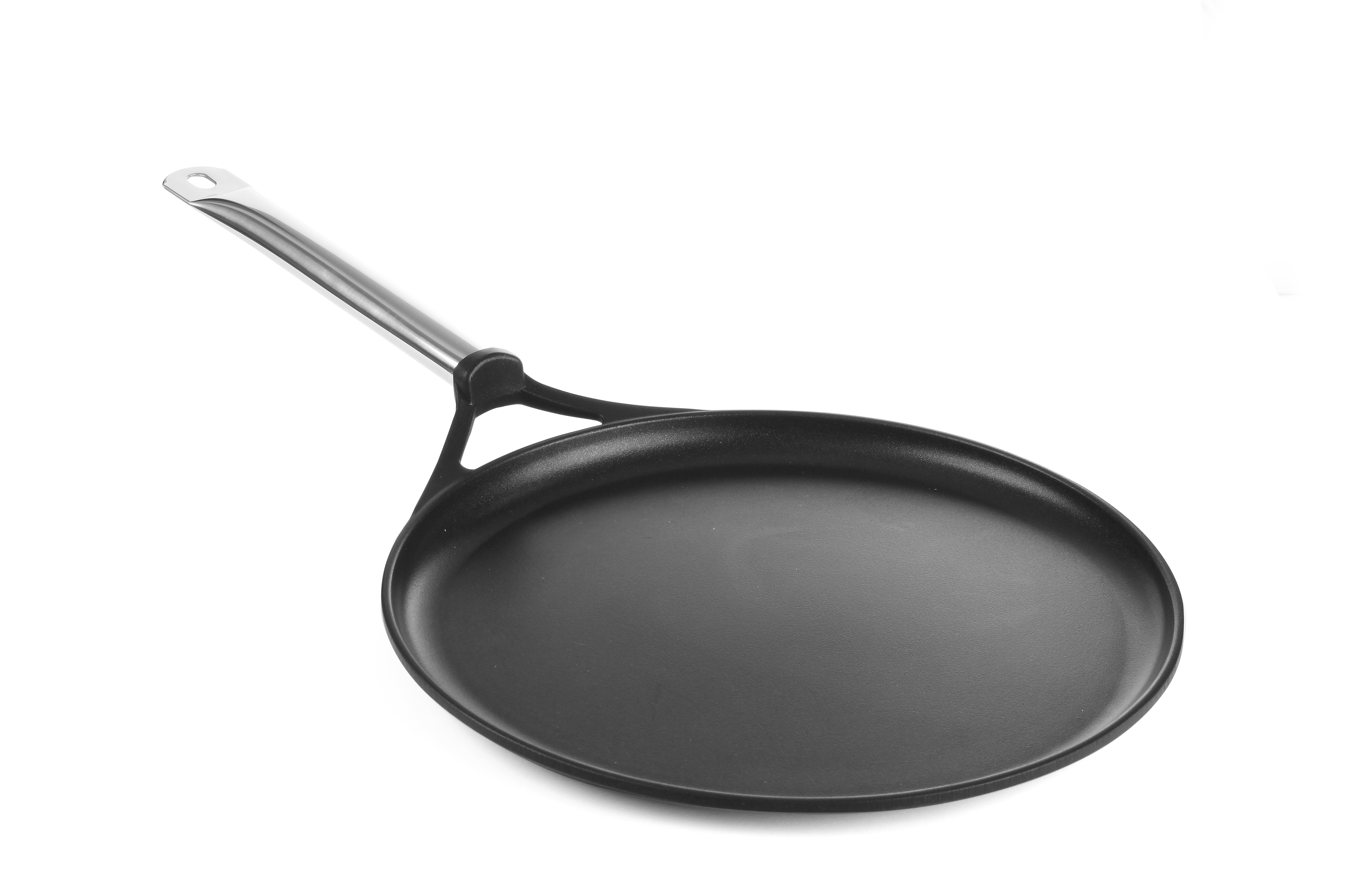 Padella per crepe rotonda nera con manico in acciaio inox.