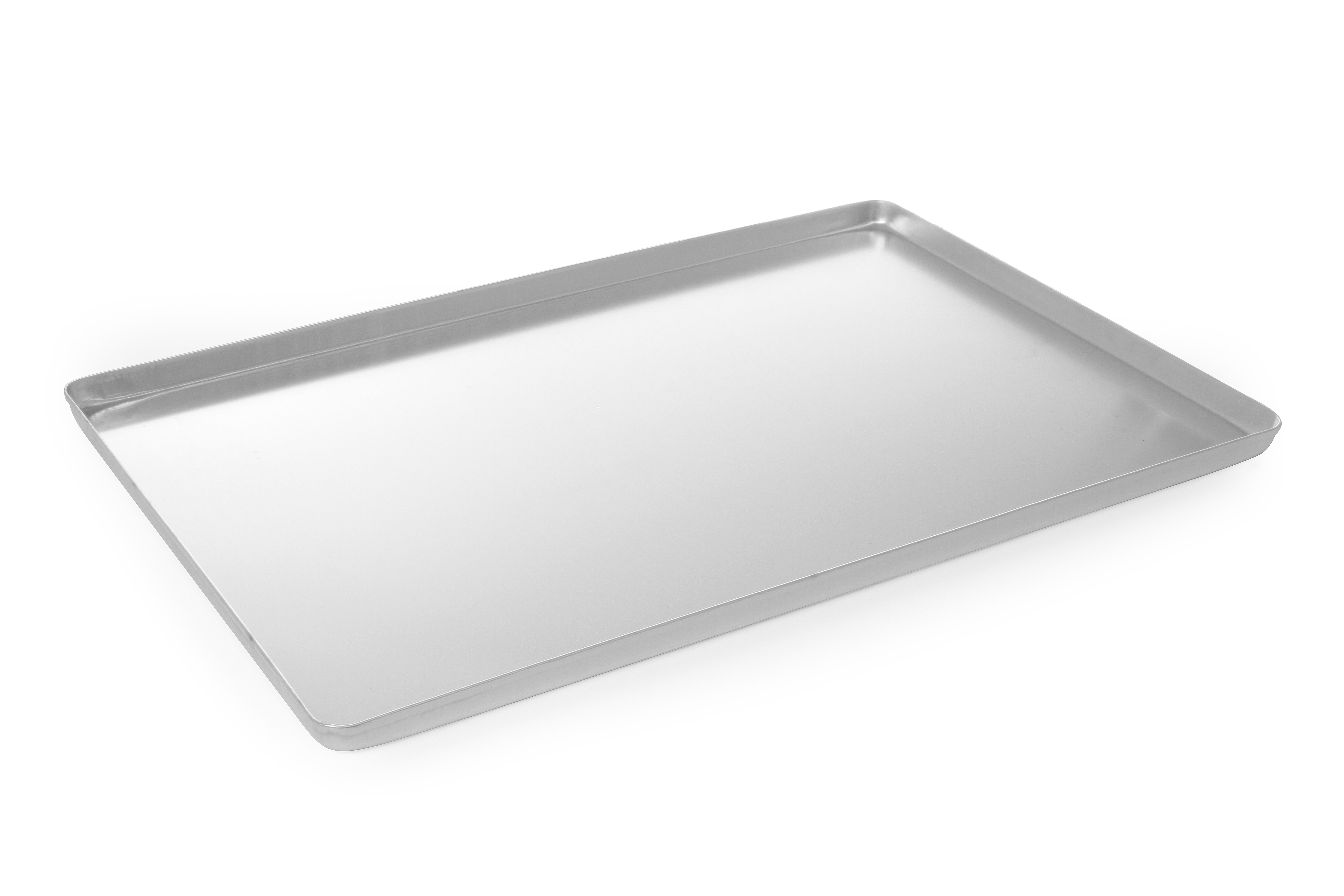 Una teglia rettangolare in acciaio inox su sfondo bianco.