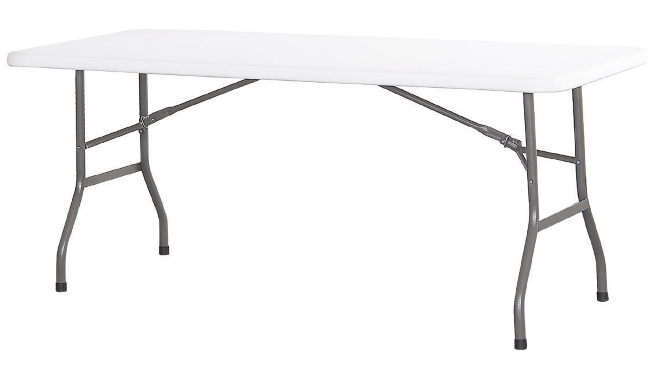 Un tavolo pieghevole rettangolare bianco con gambe grigie, sfondo bianco.