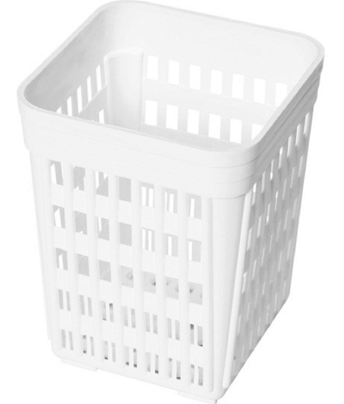 Porta utensili quadrato in plastica bianca su bianco. Motivo a griglia.