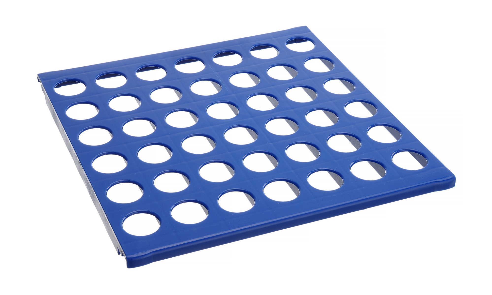 Vassoio di servizio in plastica blu perforato.