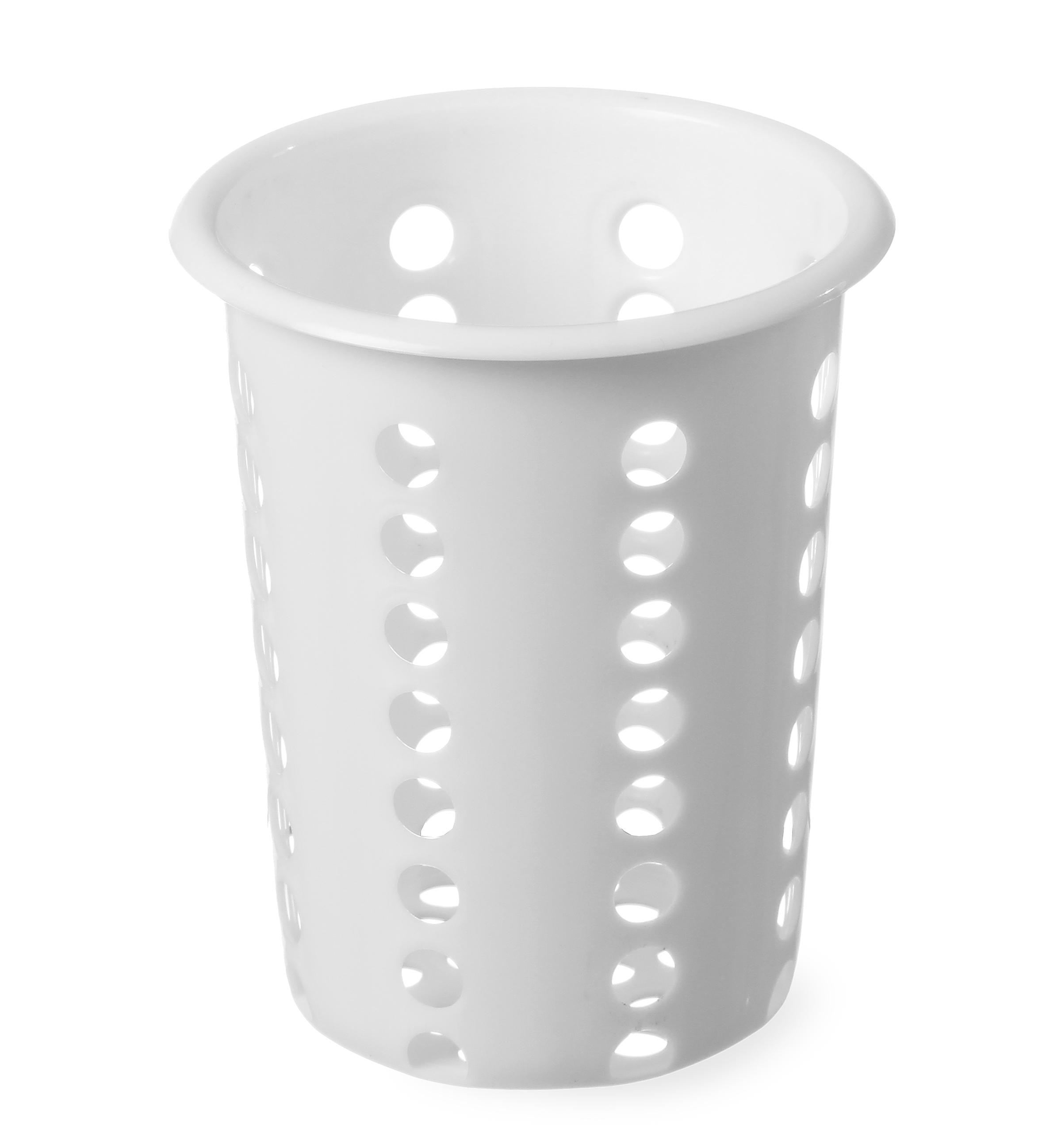 Porta utensili cilindrico bianco con fori.