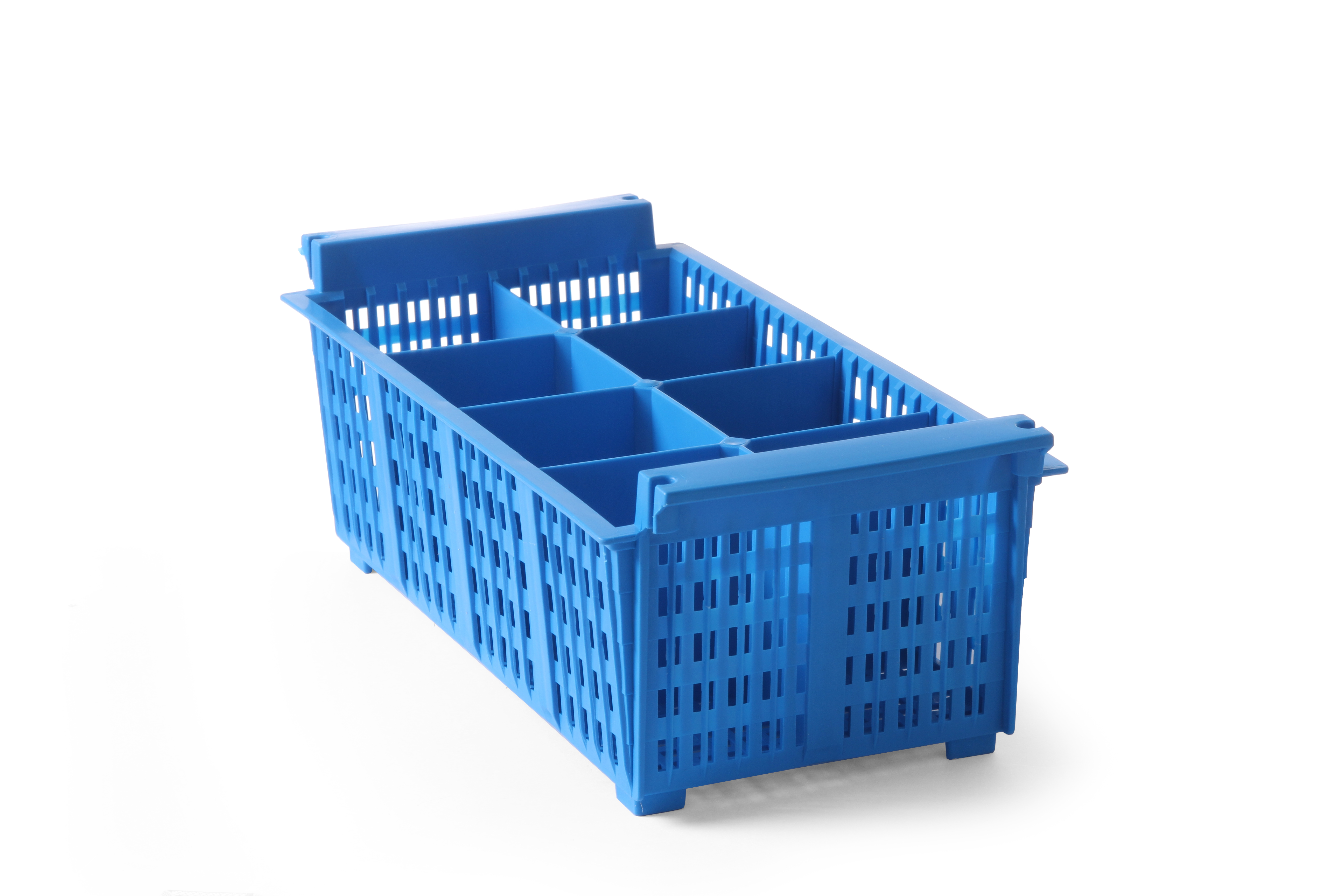 Un contenitore di plastica blu con divisori su superficie bianca.