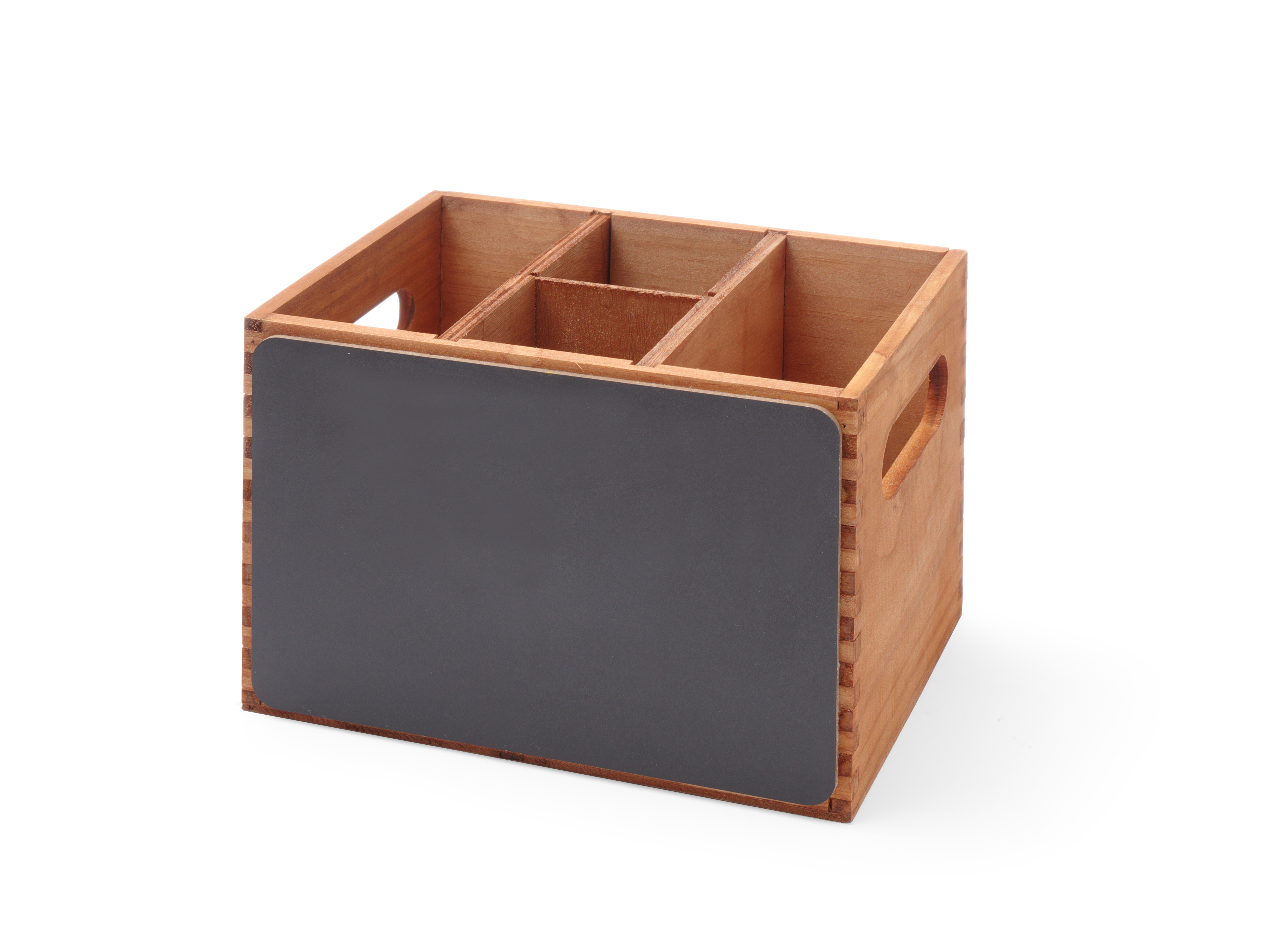 Cassa in legno con scomparti e pannello grigio scuro su bianco.