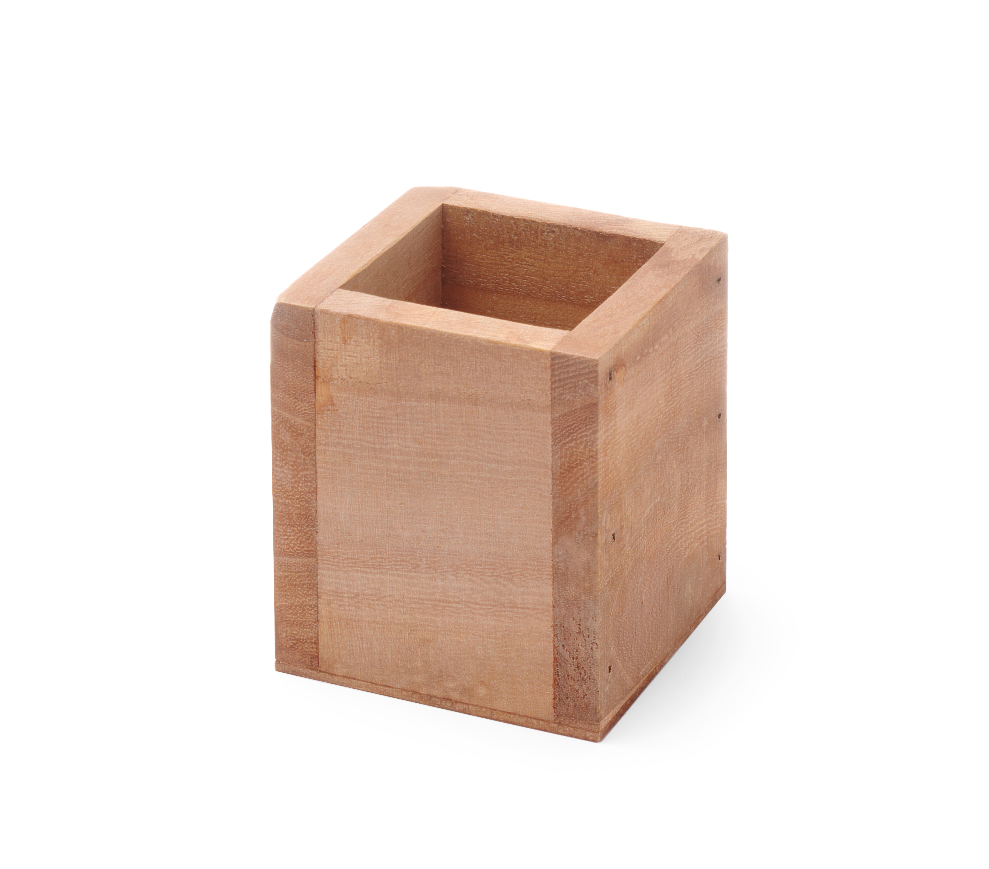 Un contenitore quadrato di legno. Ha la parte superiore aperta ed è fatto di legno marrone chiaro.