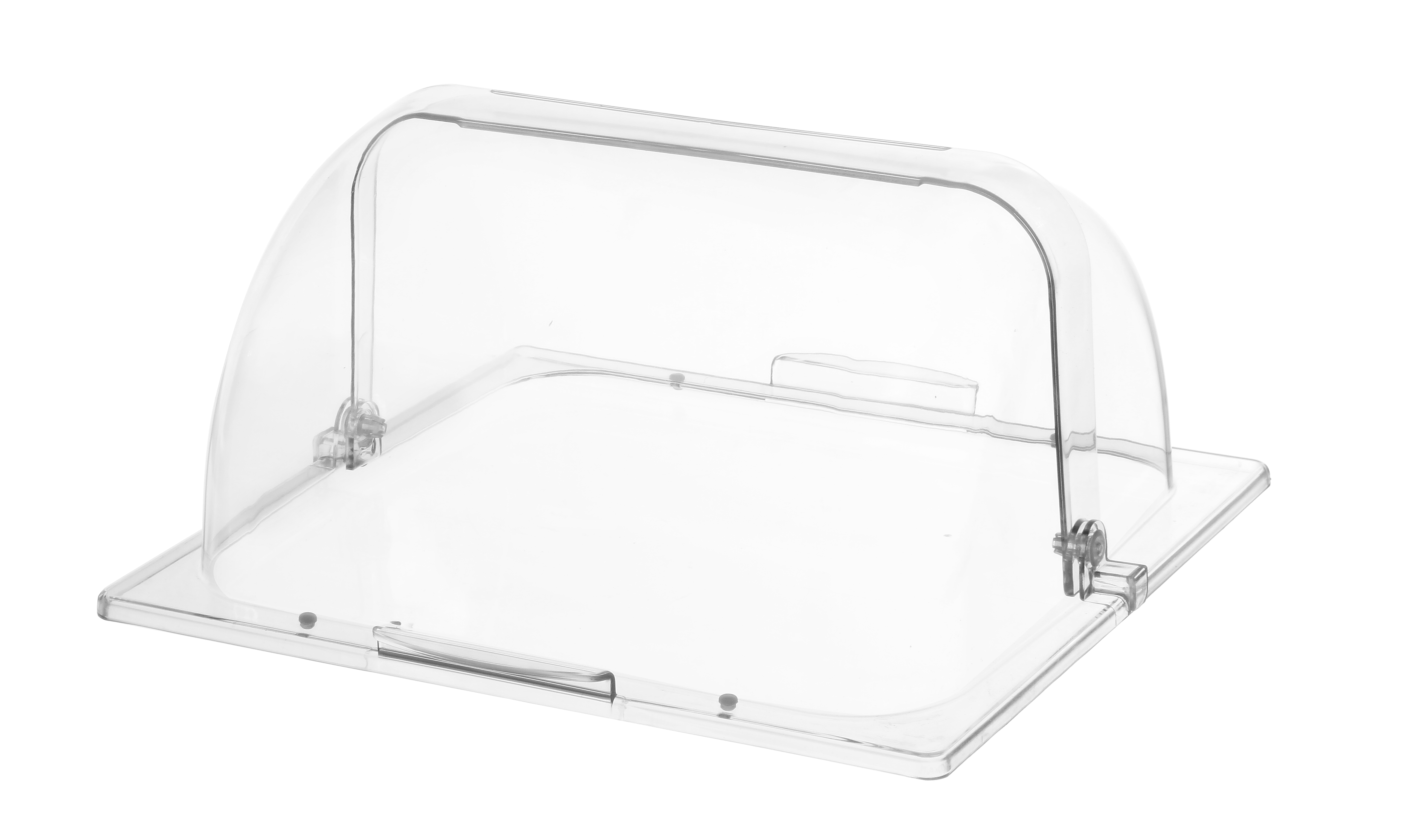 Coperchio per alimenti in plastica trasparente con manico.
