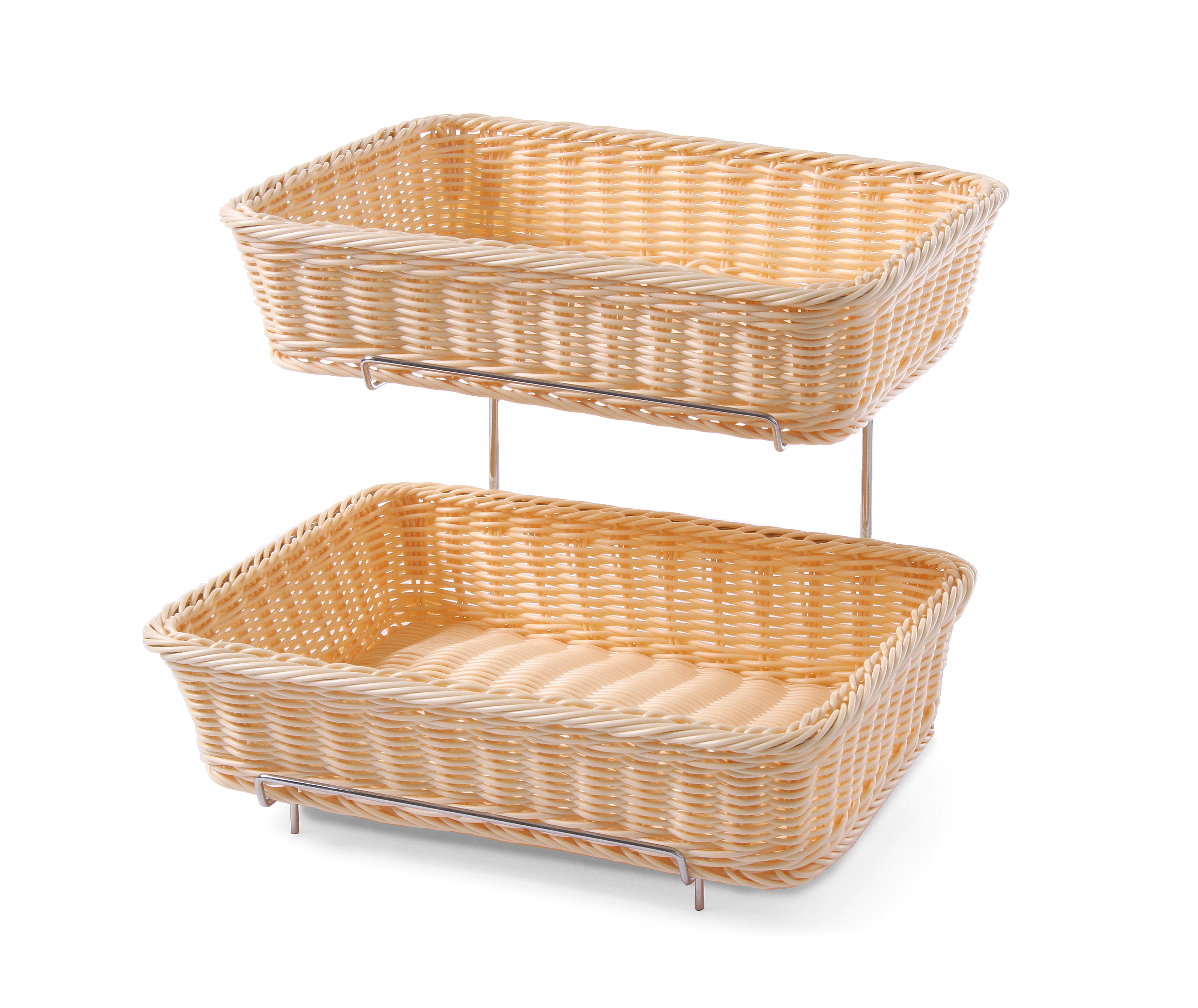 Due cestini in vimini su ripiano bianco. Forma rettangolare, colore marrone chiaro.