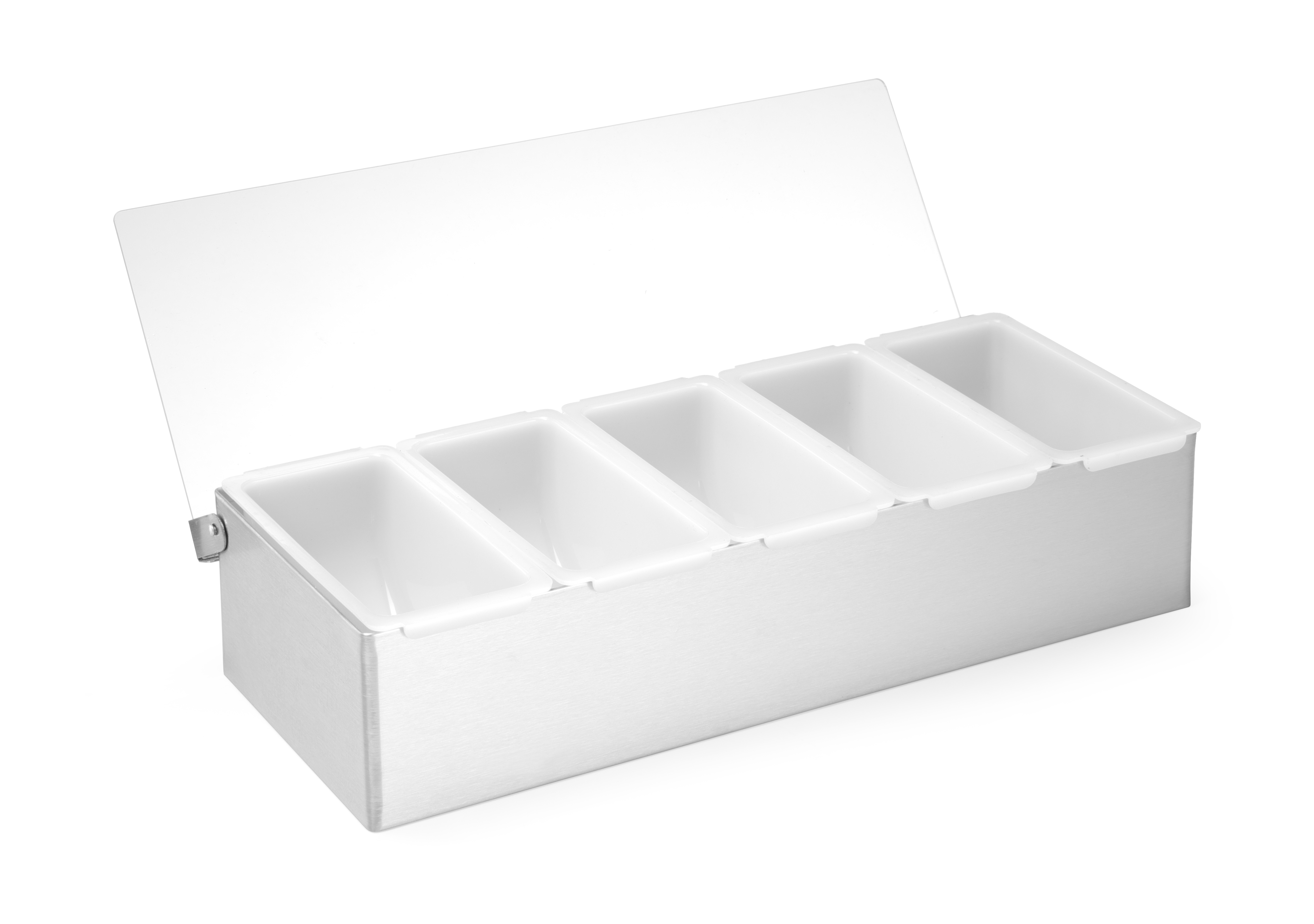 Porta condimenti bianco con cinque scomparti e coperchio trasparente. Si trova su una superficie bianca.