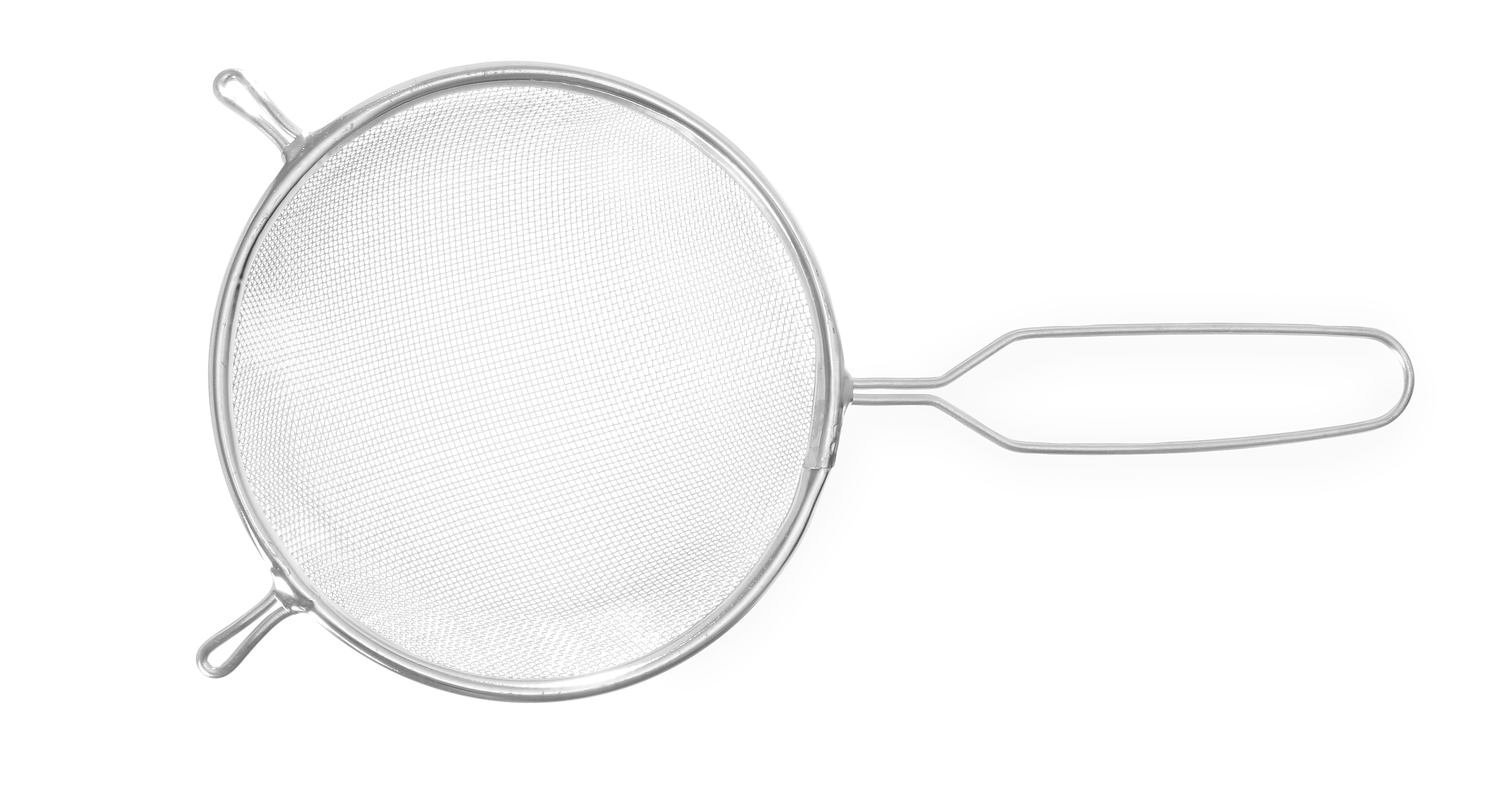 Un colino d'argento con un manico e due piccole maniglie laterali. Sfondo bianco.