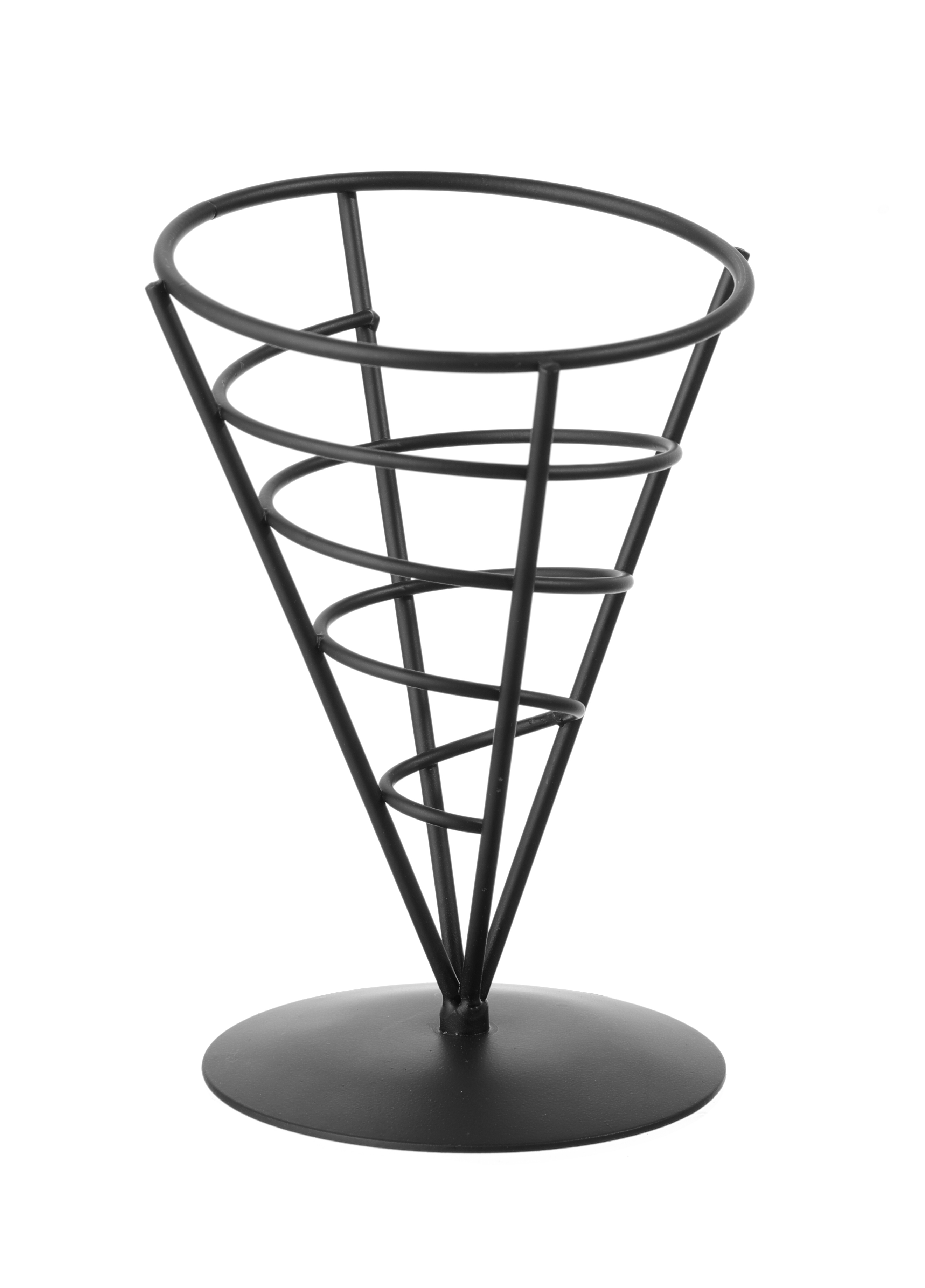 Portaoggetti a forma di cono in metallo nero. Ha una base rotonda e un design a spirale.