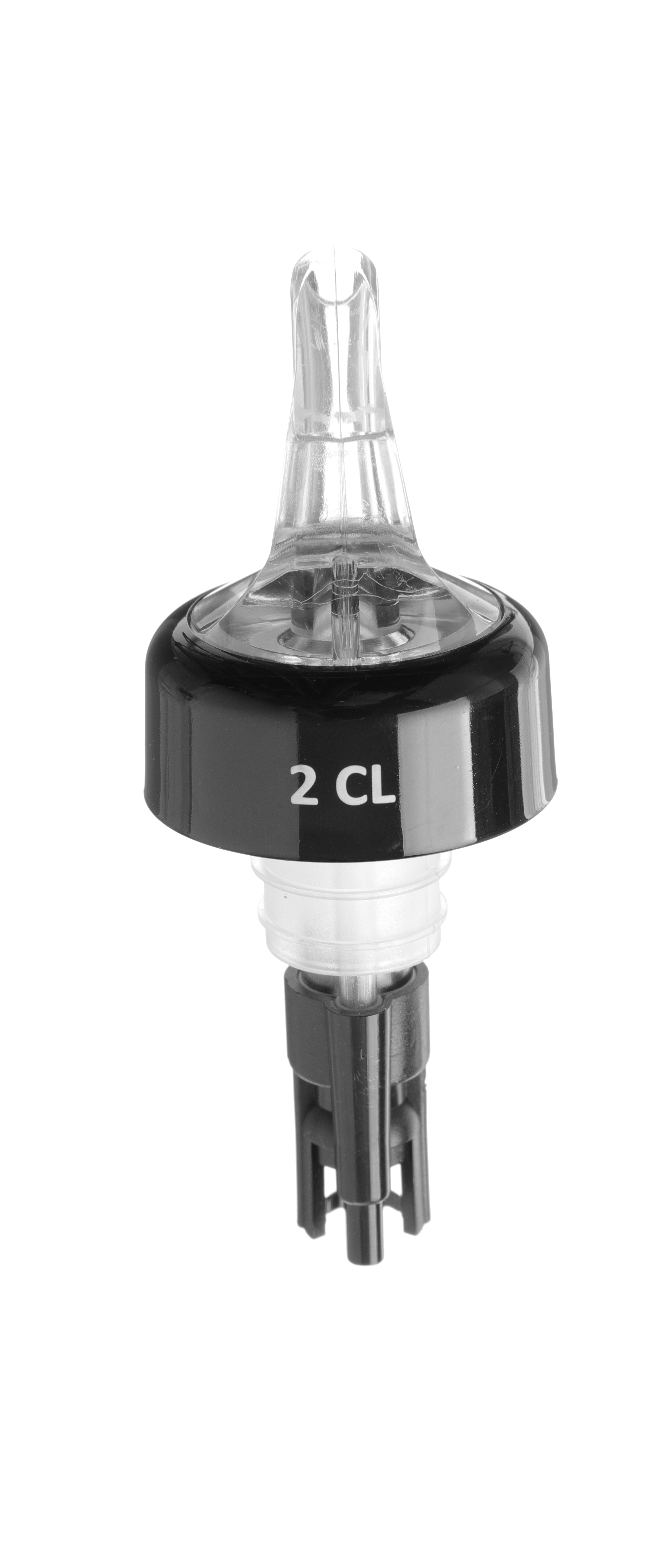 Un beccuccio in plastica trasparente con coperchio nero e marchio 2 CL, su sfondo bianco.