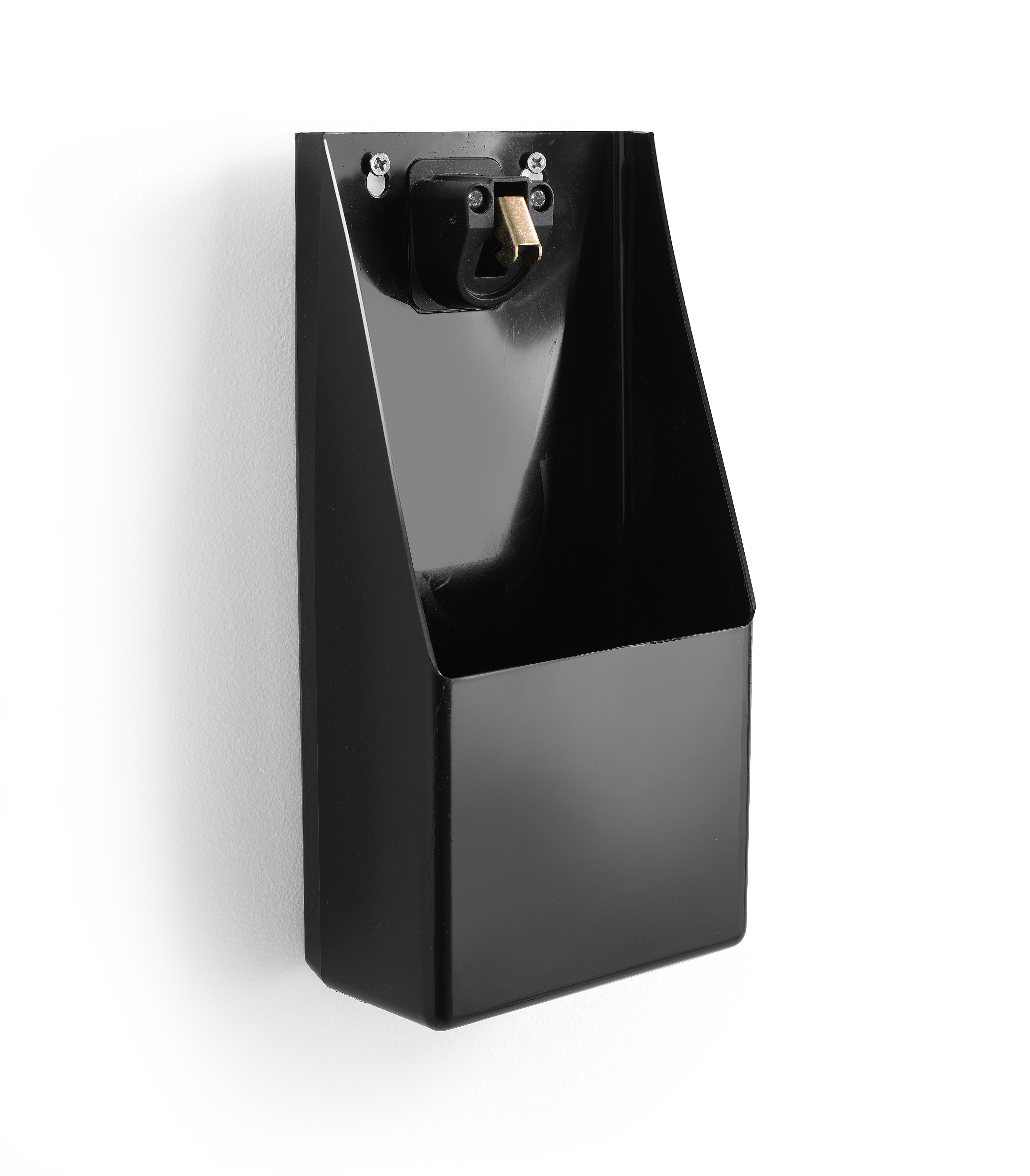 Contenitore nero da parete con apribottiglie, sfondo bianco.
