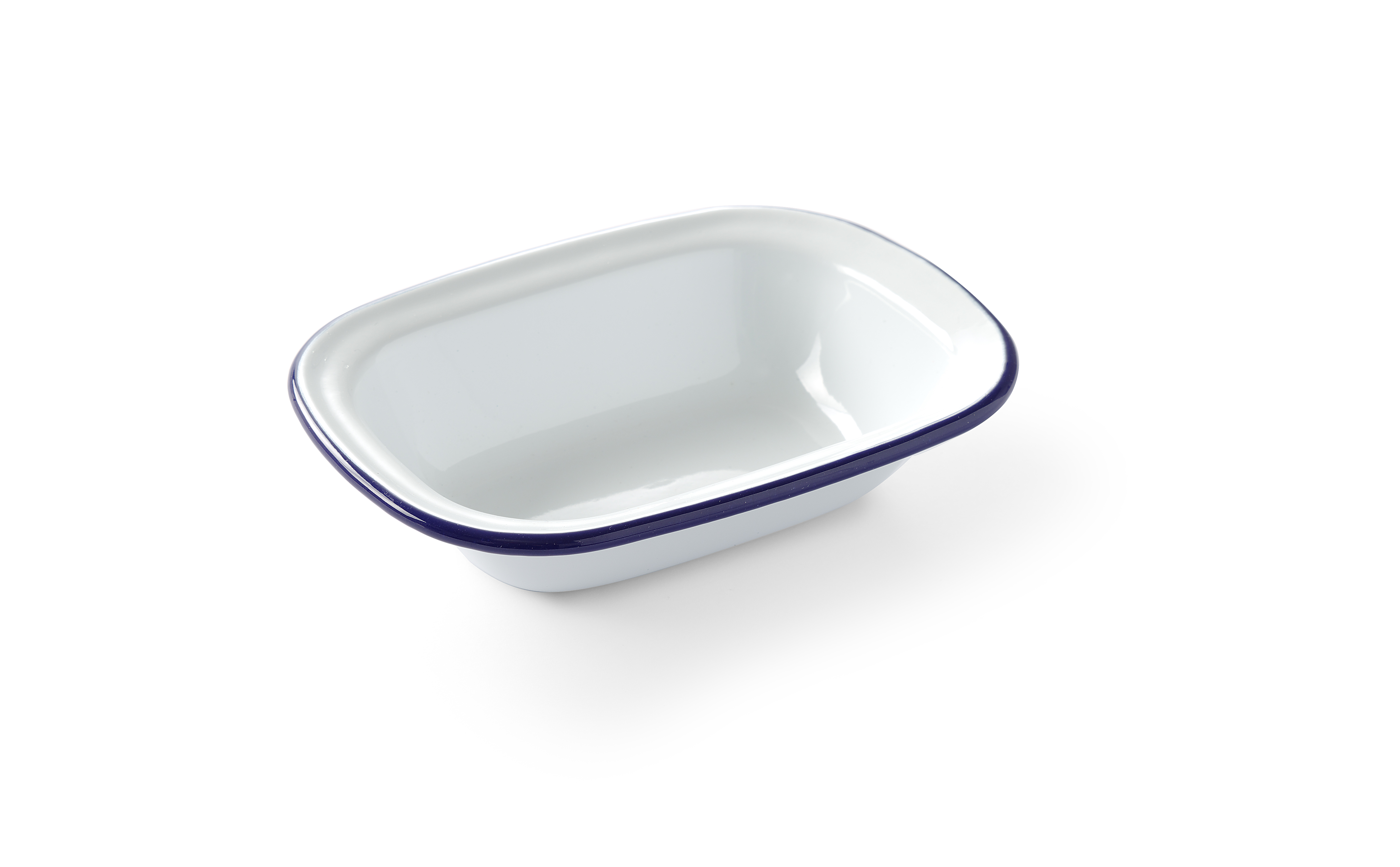 Piatto rettangolare bianco con bordo blu scuro.