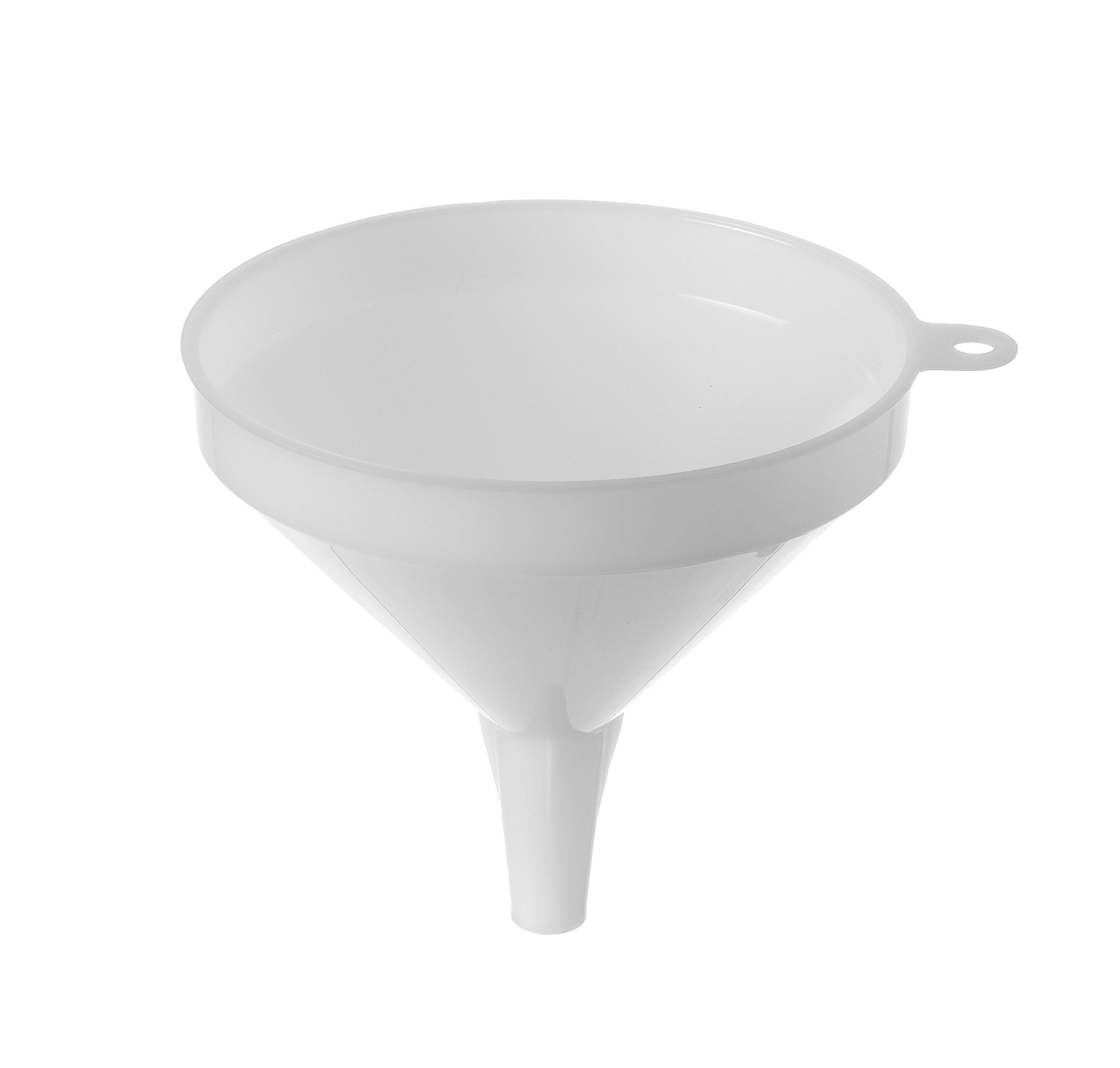 Imbuto di plastica bianco, parte superiore ampia, affusolata verso un beccuccio stretto, con un anello laterale.