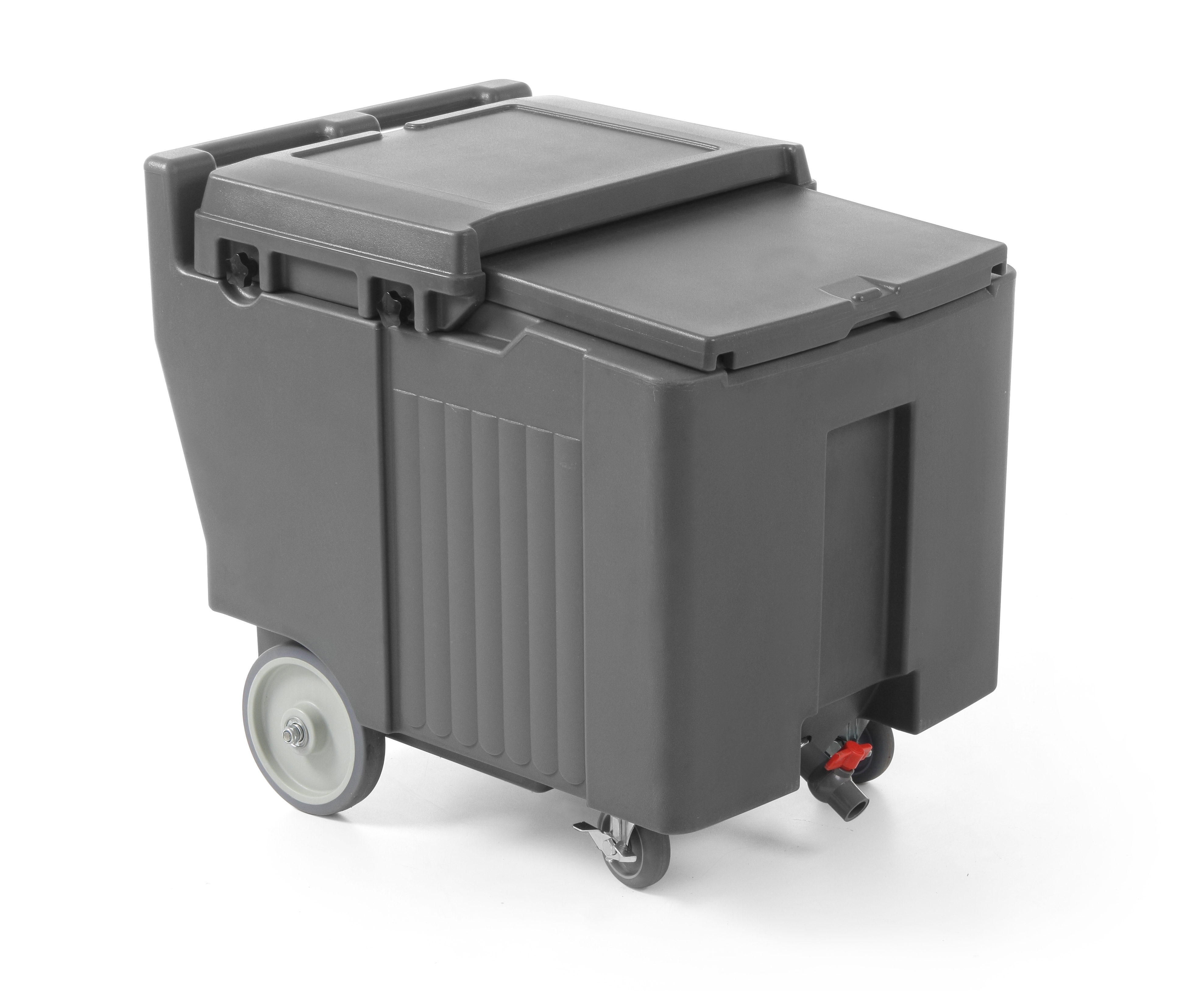 Contenitore grigio scuro con ruote e coperchio. Ha un rubinetto e una maniglia sul retro.