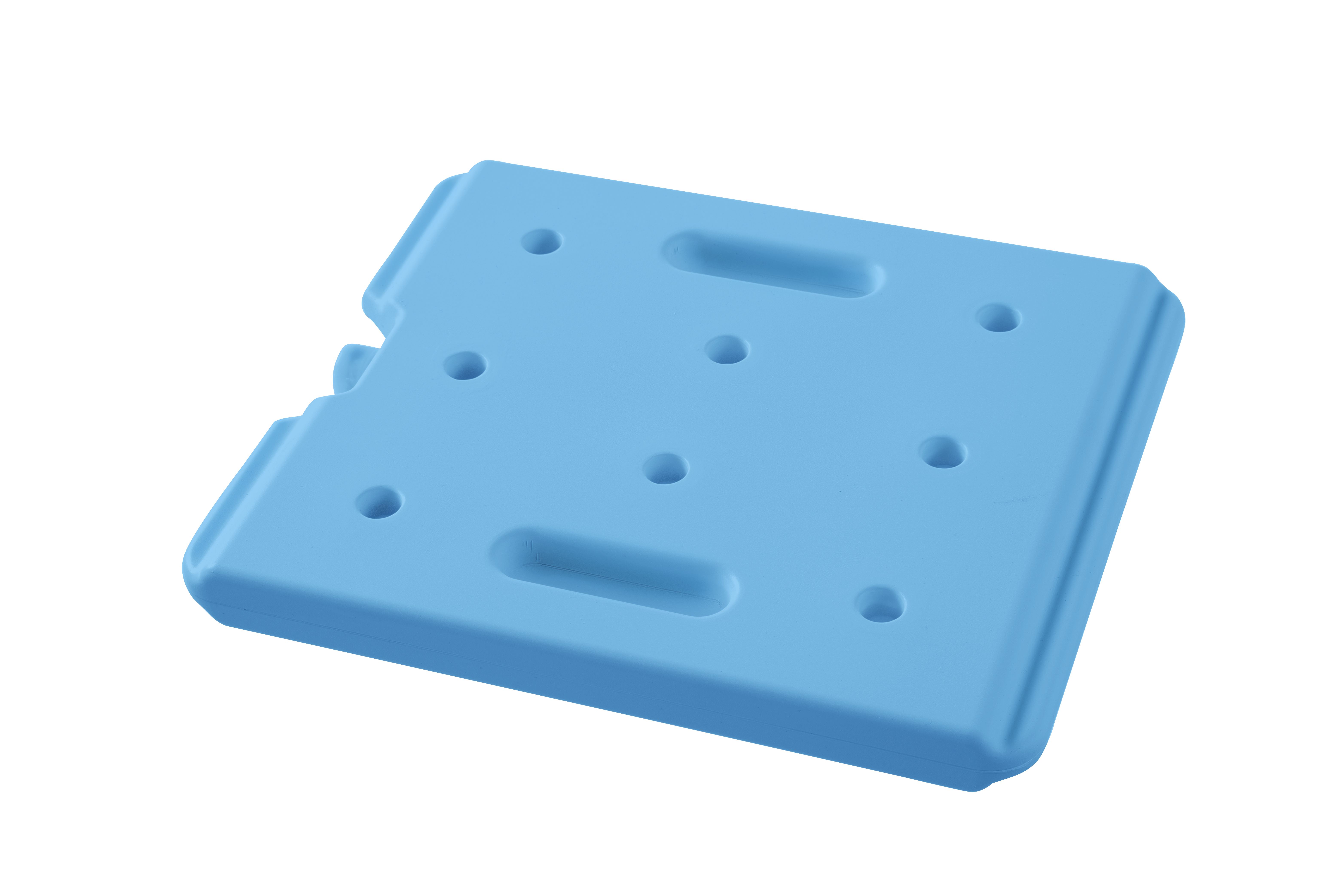Un impacco di ghiaccio rettangolare azzurro con bordi arrotondati.