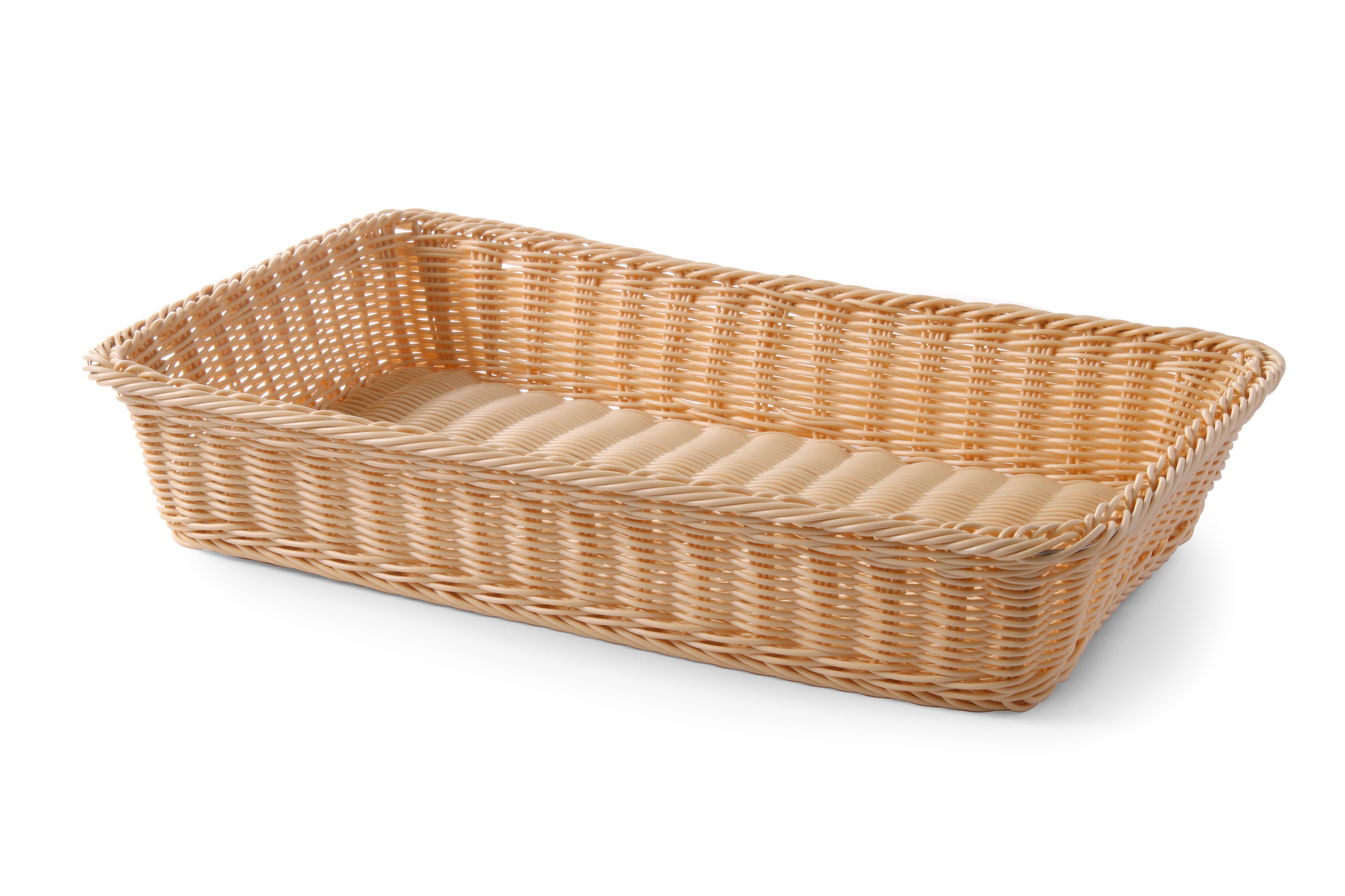Cesto rettangolare beige intrecciato su sfondo bianco.