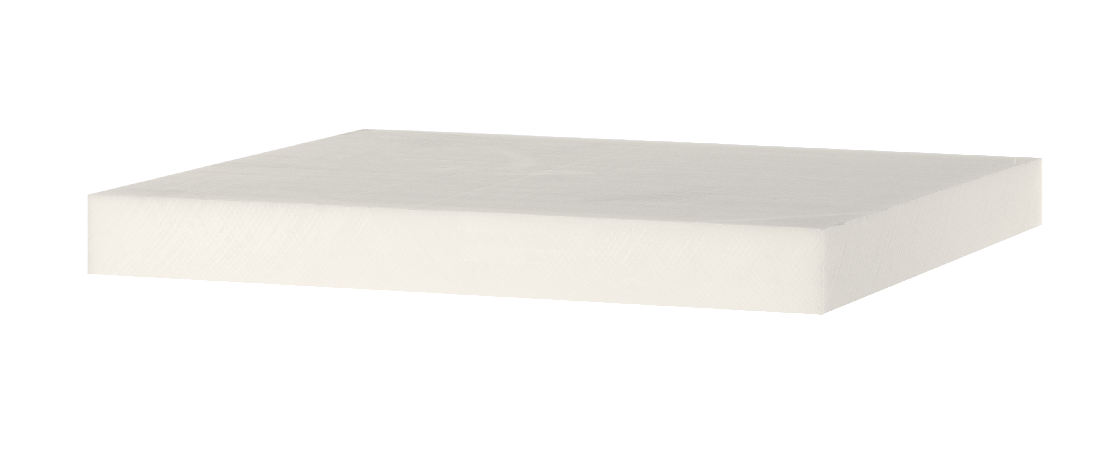 Blocco di schiuma bianco, forma rettangolare. Superficie pulita, liscia e piana.