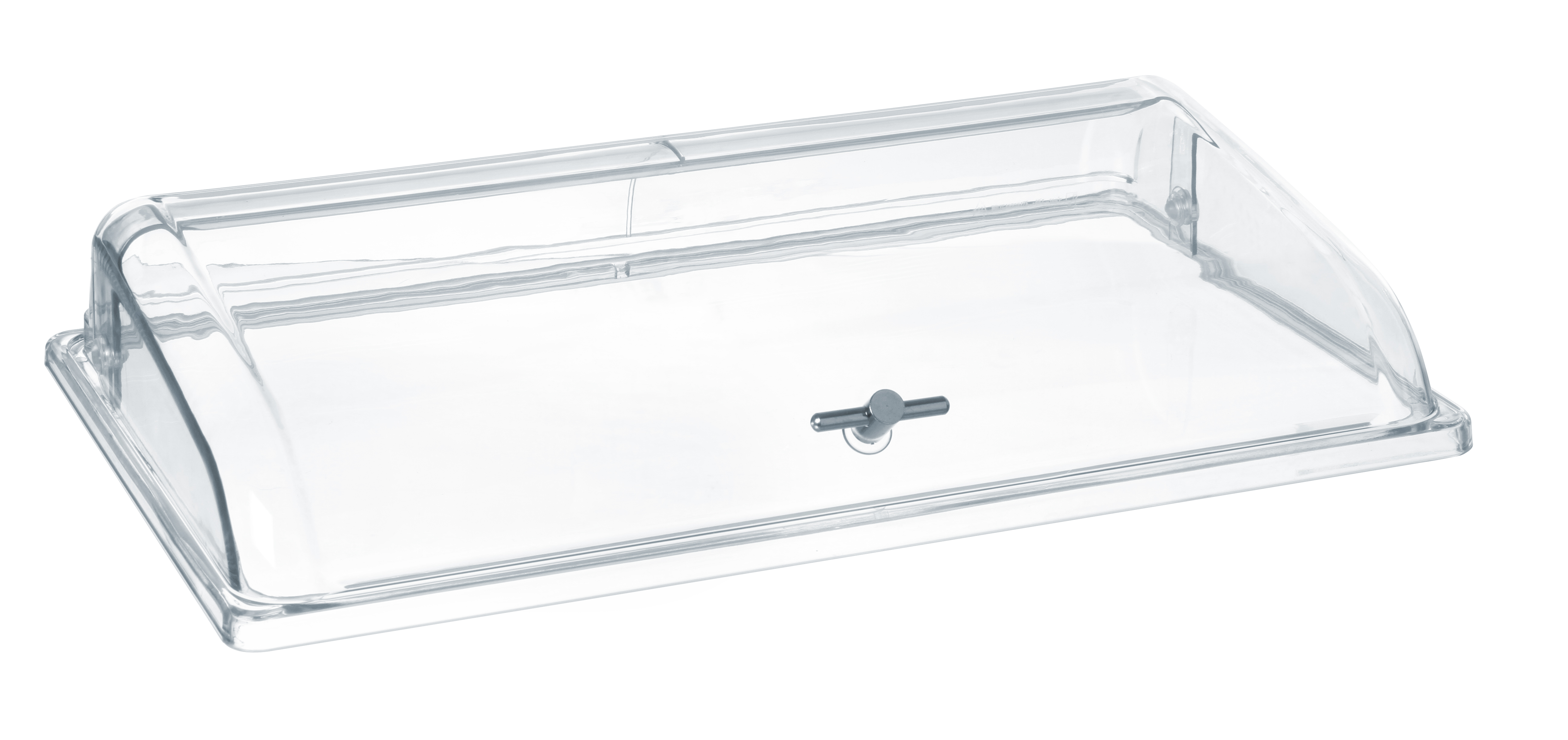 Coperchio per alimenti in plastica trasparente. Rettangolare, forma a cupola. Sfondo bianco.