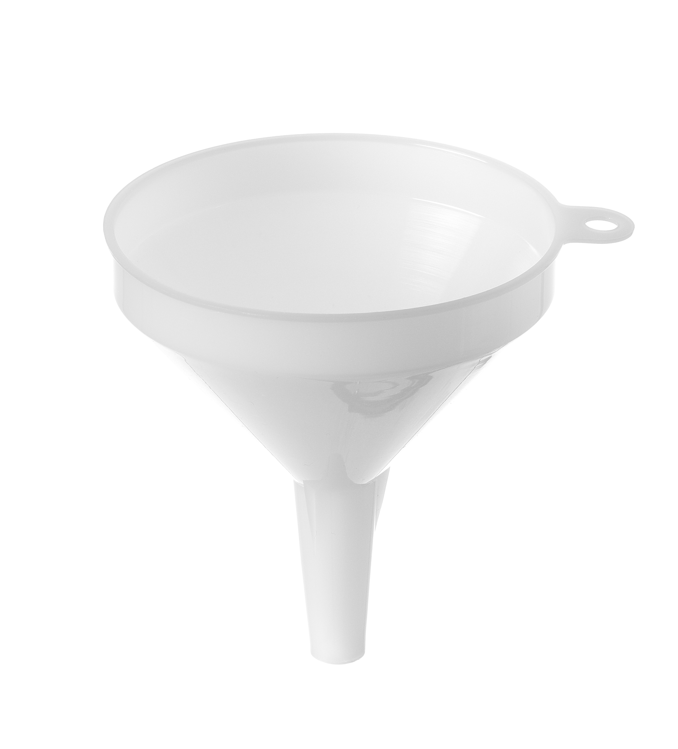 Un imbuto di plastica bianca con parte superiore larga e beccuccio stretto, su sfondo bianco.