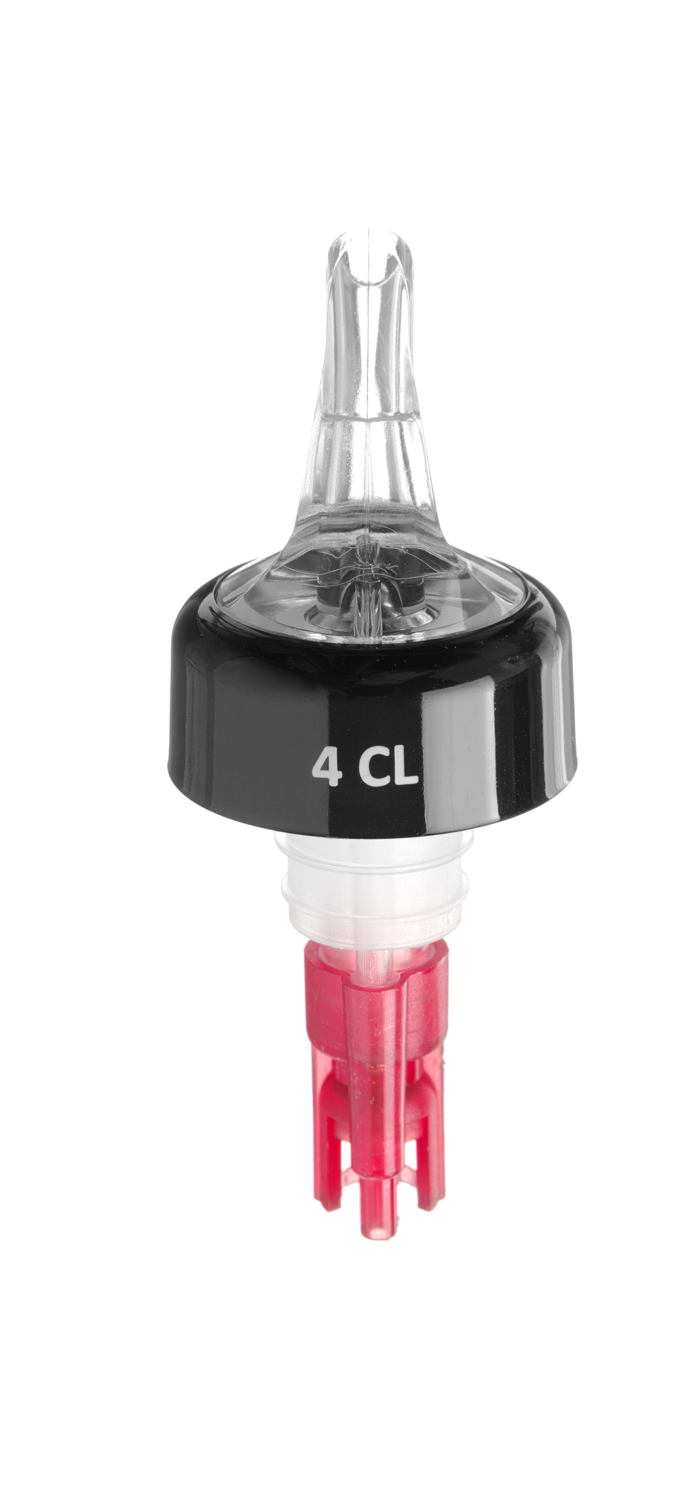 Un versatore per bottiglie in plastica nera e trasparente con tappo nero, che mostra 4 CL.