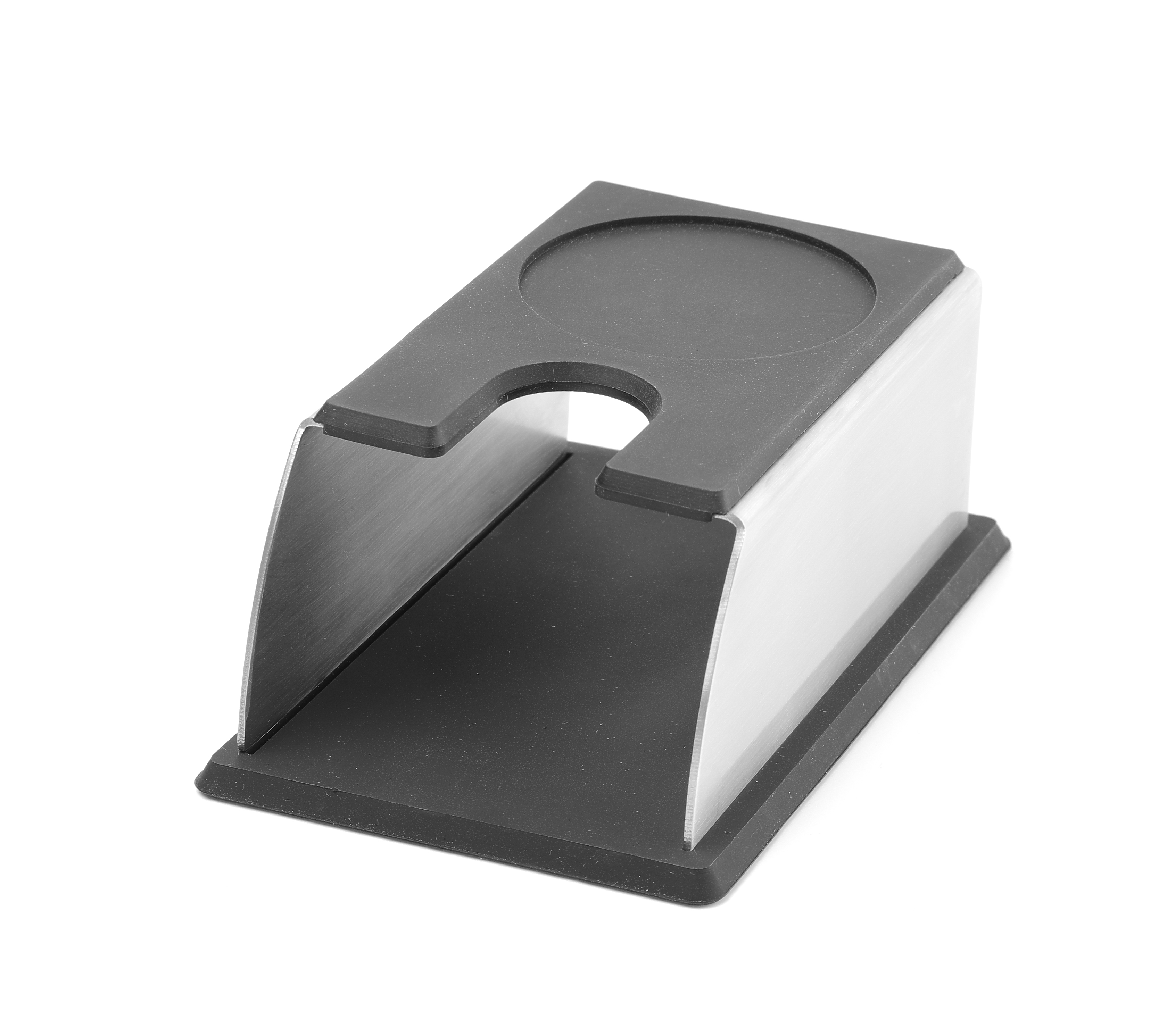 Un supporto per pressino espresso nero e argento su bianco.