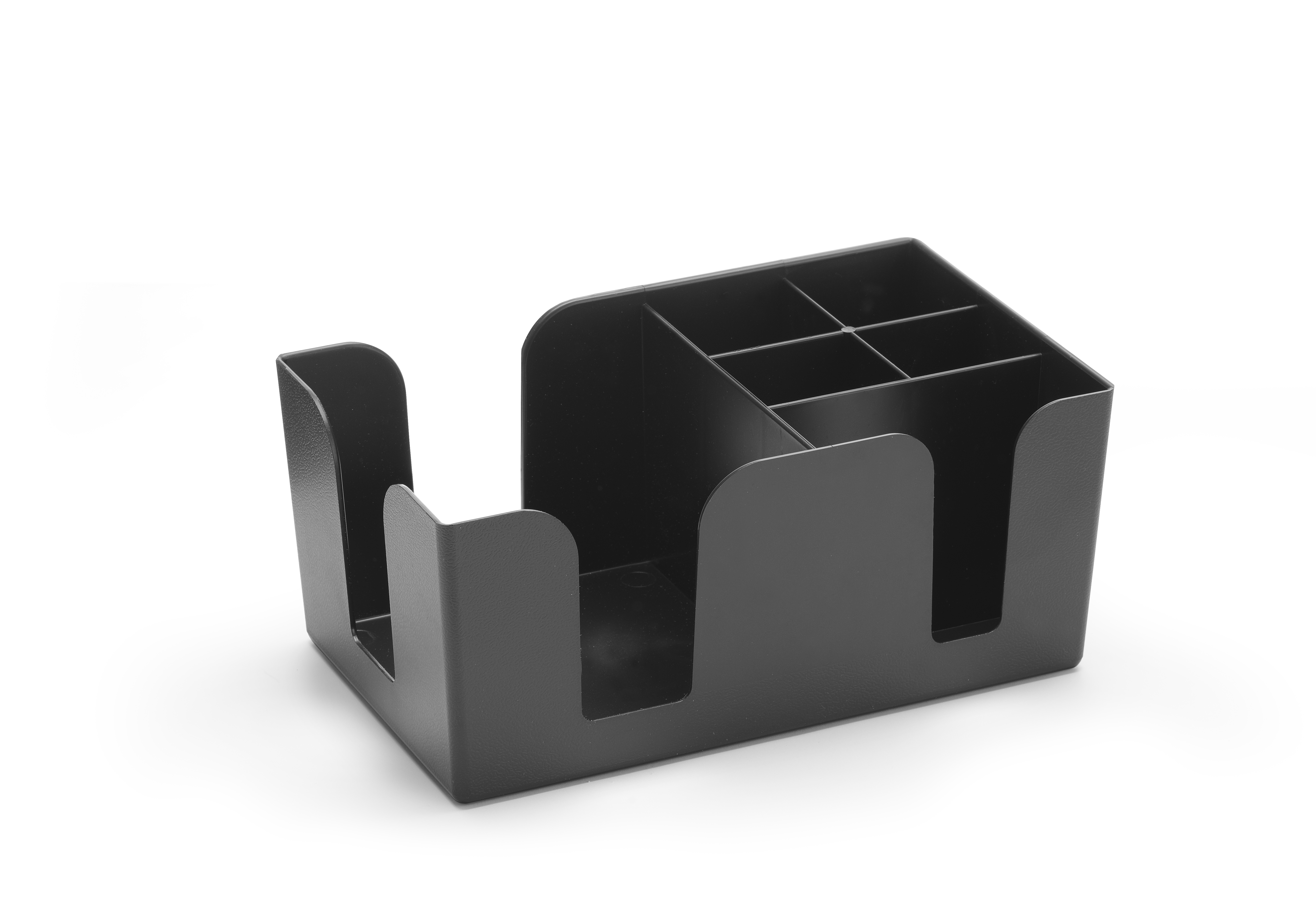 Un portabicchieri nero con scomparti per cannucce, tovaglioli e altri accessori da bar.