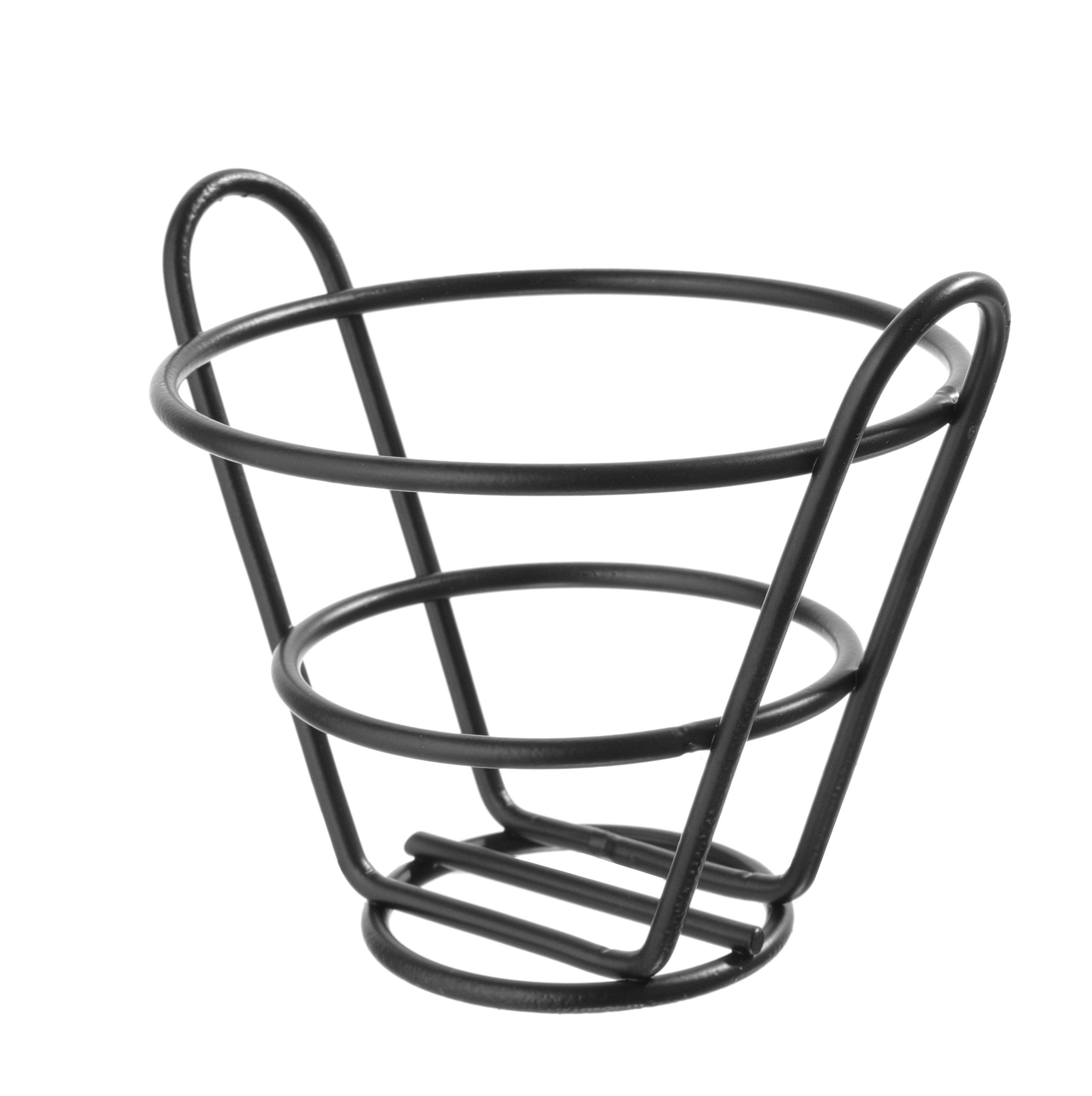 Cesto in filo metallico nero per patatine fritte, a tre livelli. Sfondo bianco.