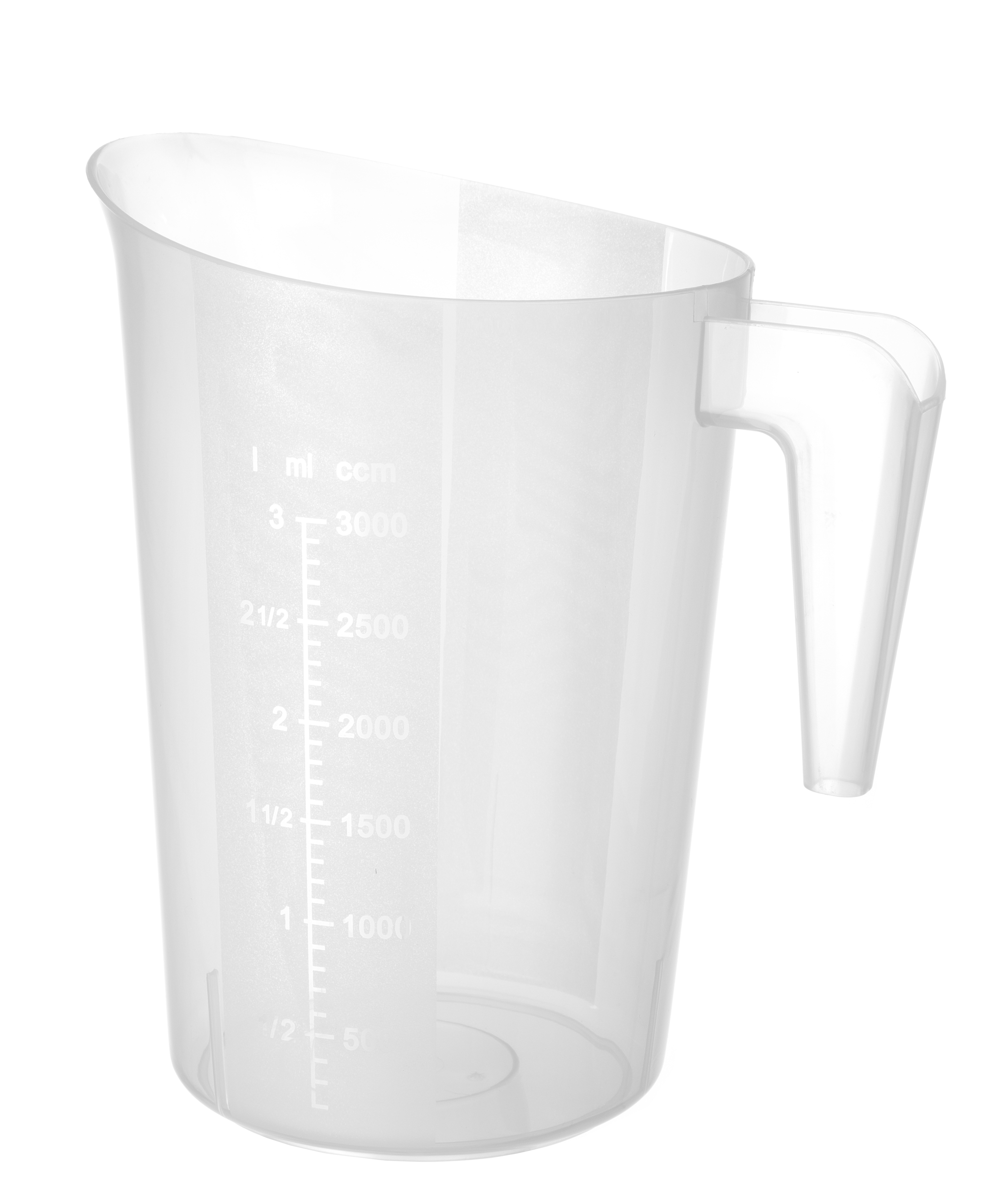 Bicchiere dosatore in plastica trasparente con manico e tacche.
