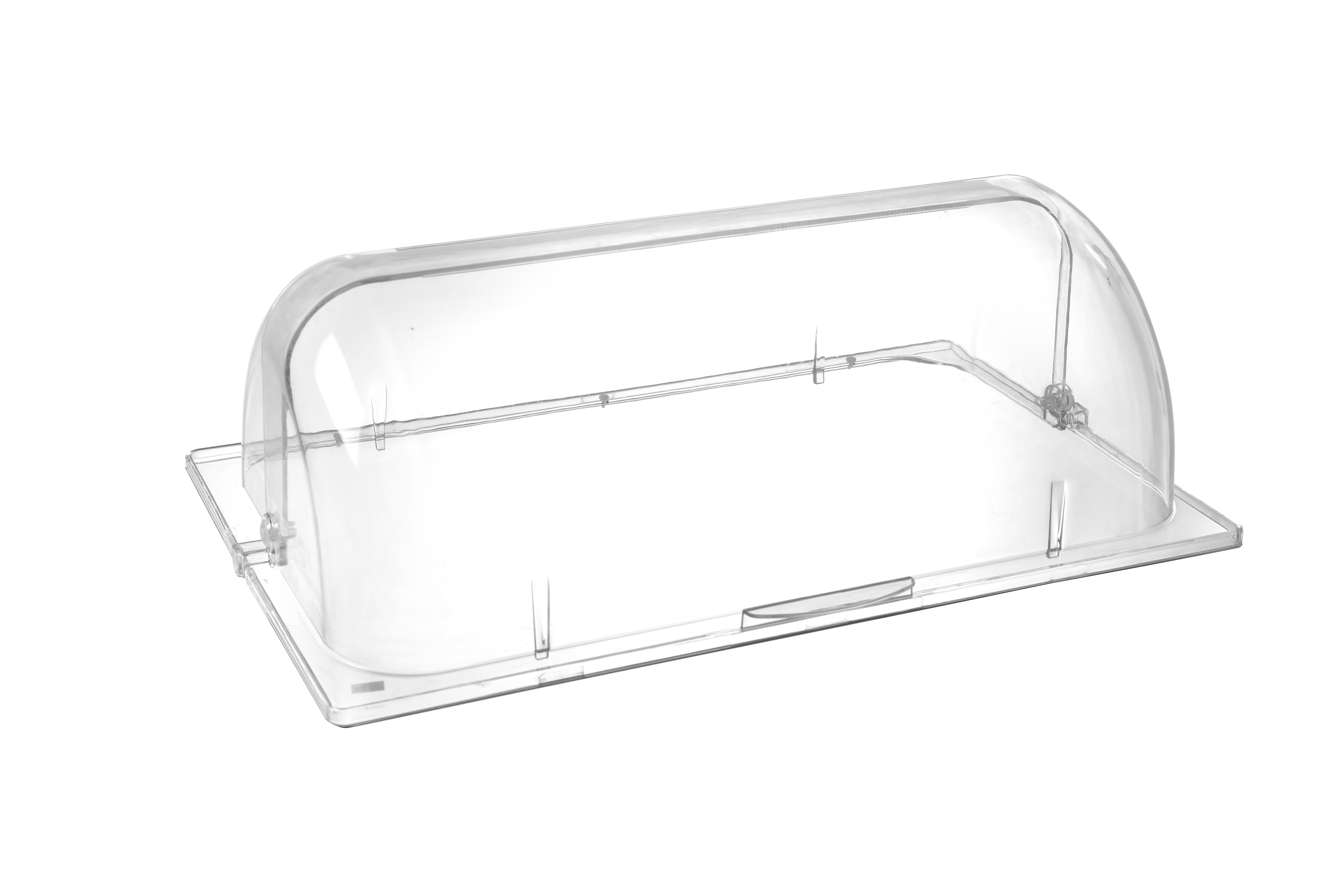 Coperchio per alimenti in plastica trasparente. Rettangolare, forma a cupola. Sfondo bianco.