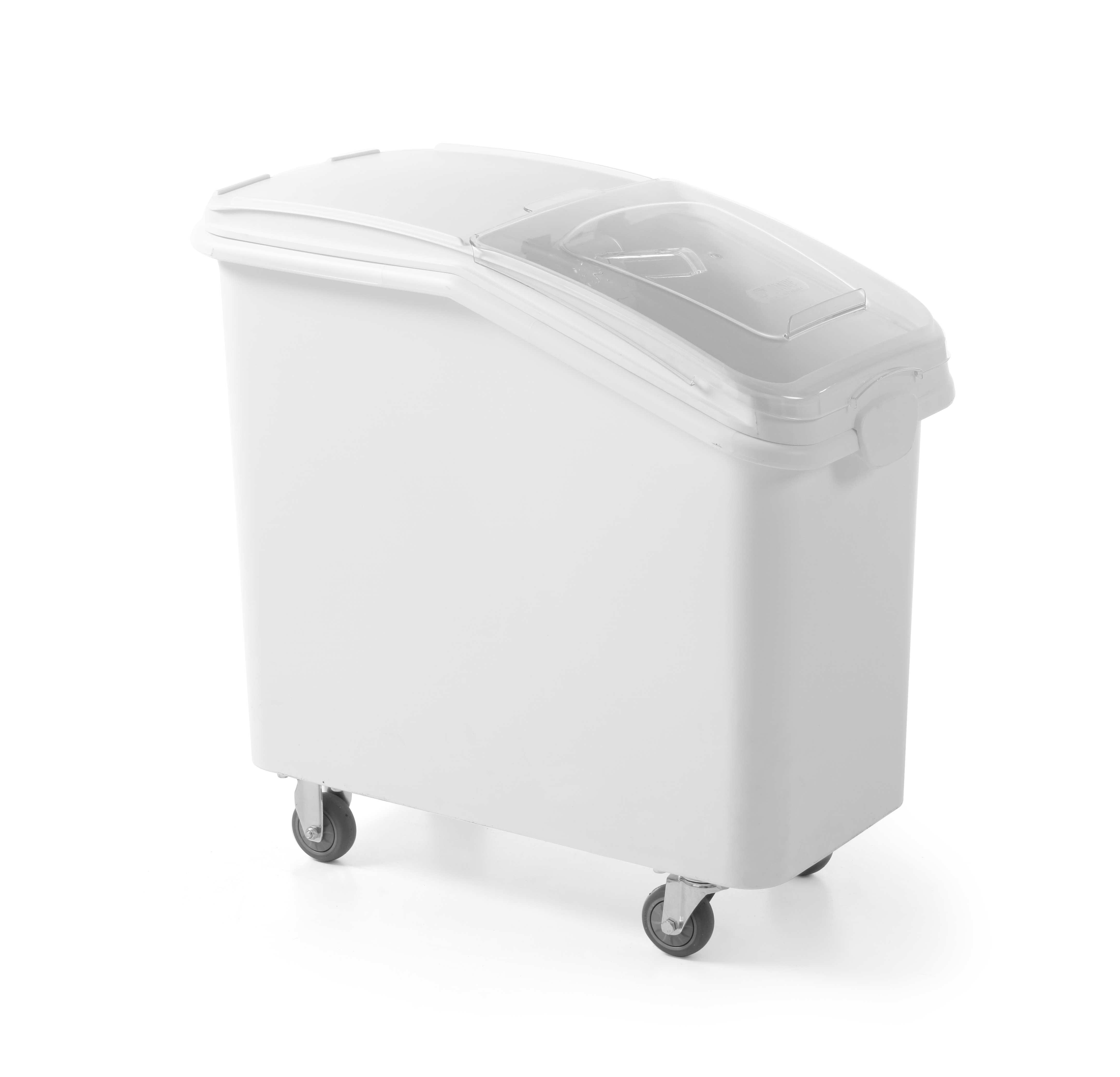 Contenitore in plastica bianca su ruote con coperchio trasparente.