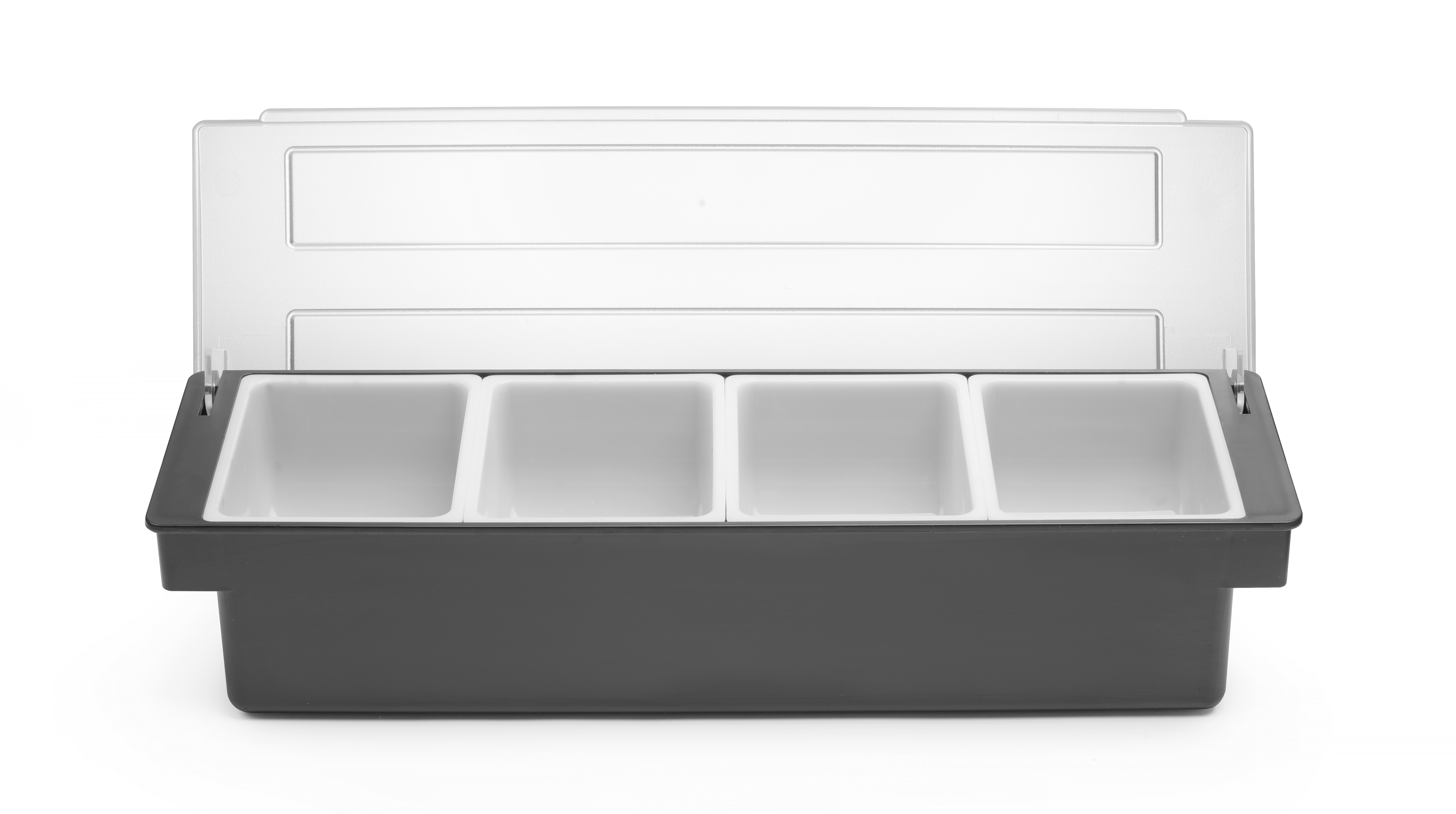 Porta condimenti in plastica grigia con quattro scomparti. Sfondo bianco.