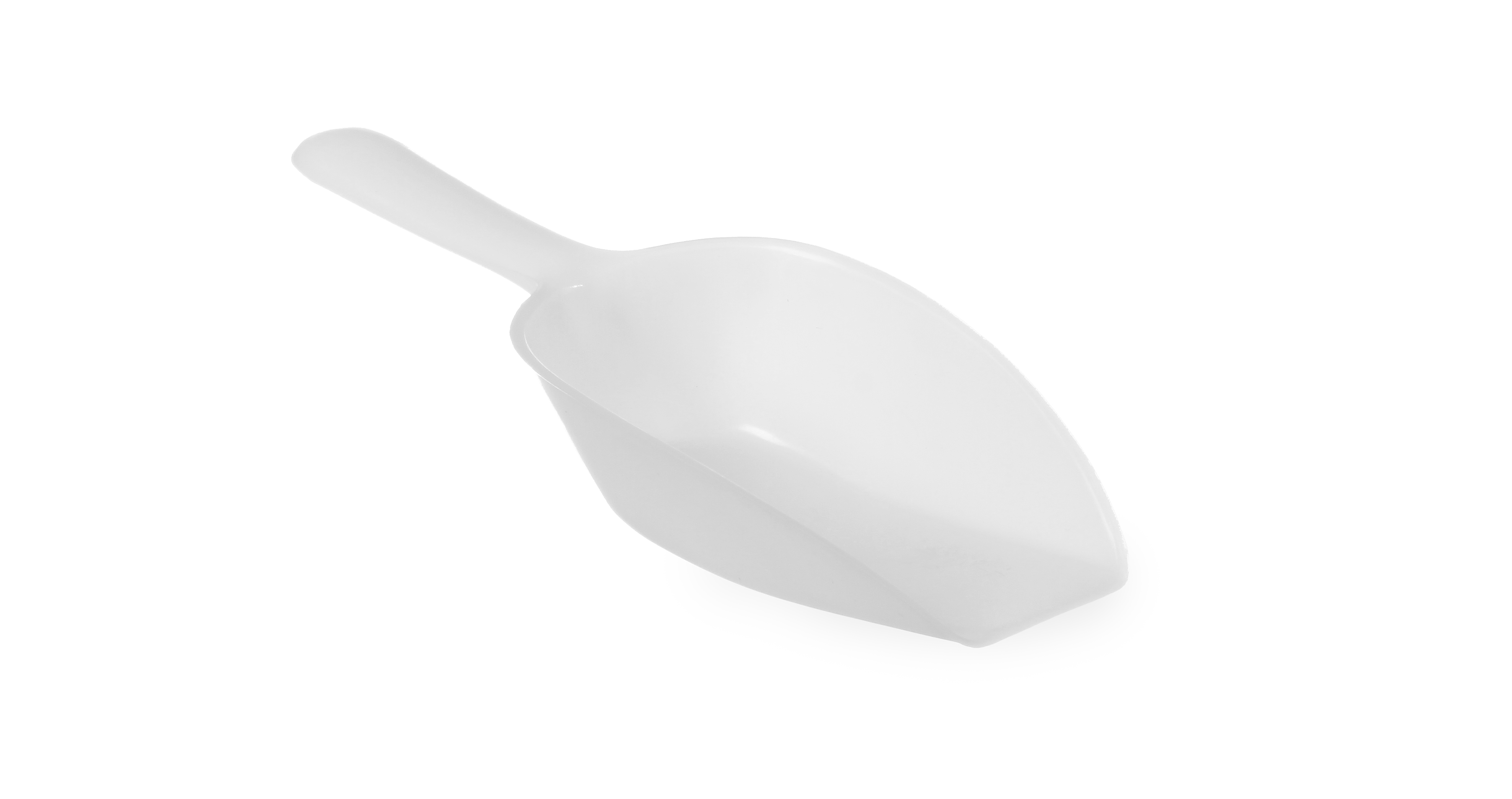 Paletta di plastica bianca con manico. Su sfondo bianco. Vuota.
