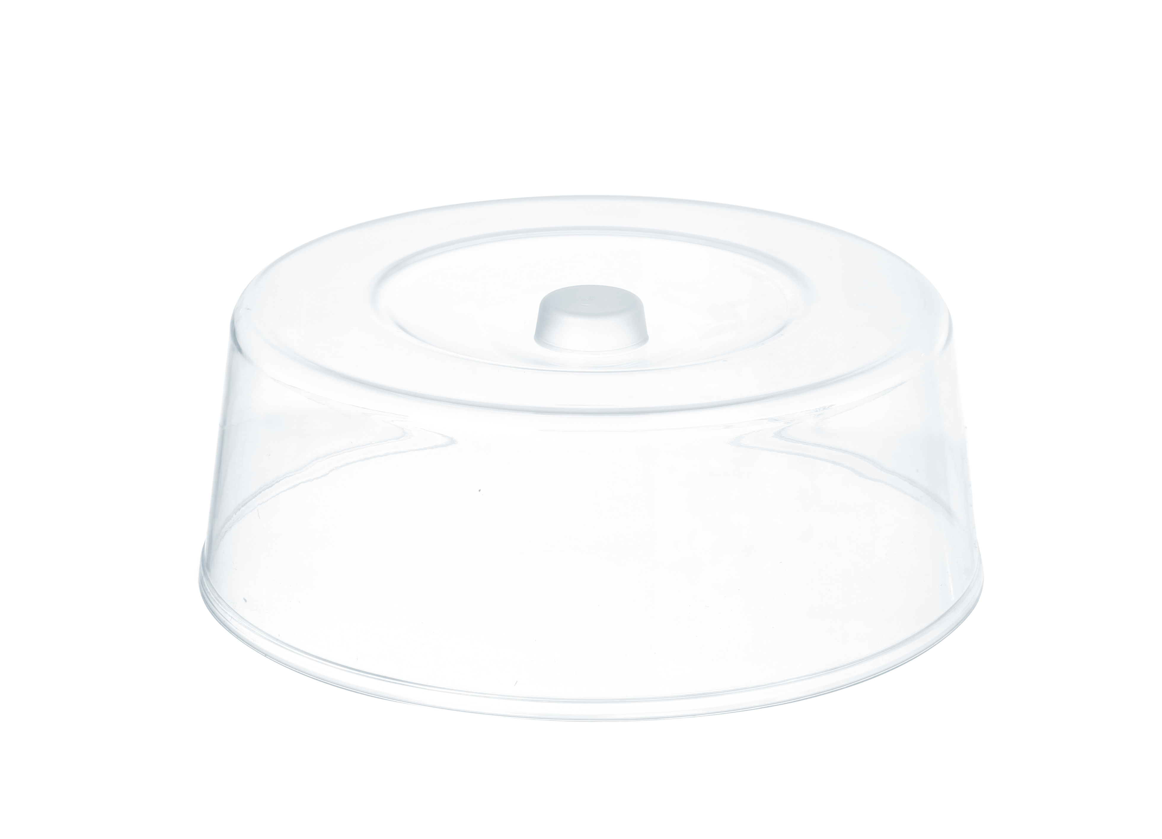Coperchio in plastica trasparente, rotondo, con un piccolo pomello. Sfondo bianco.