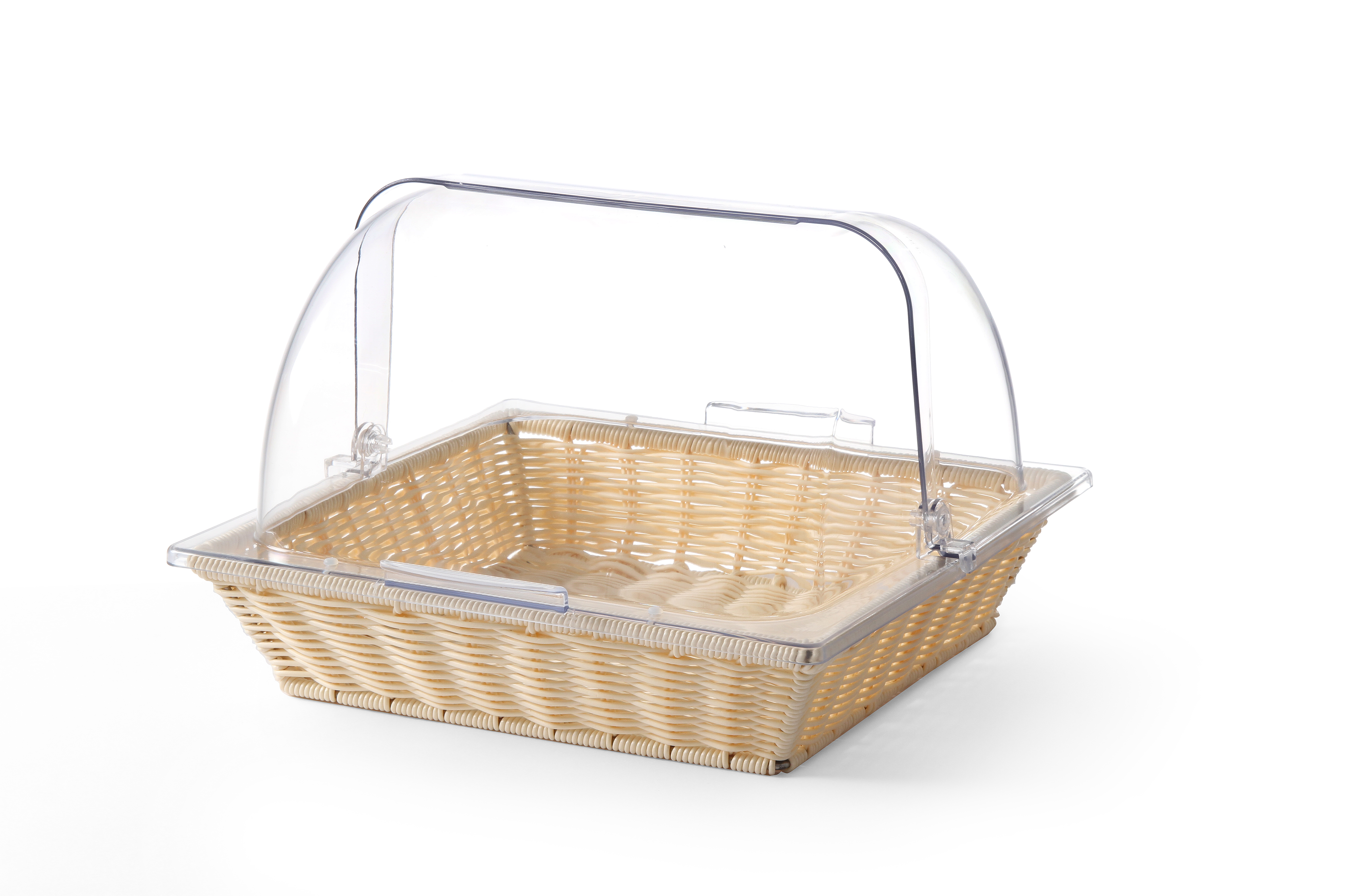 Cestino in vimini con coperchio e manico in plastica trasparente, su sfondo bianco.