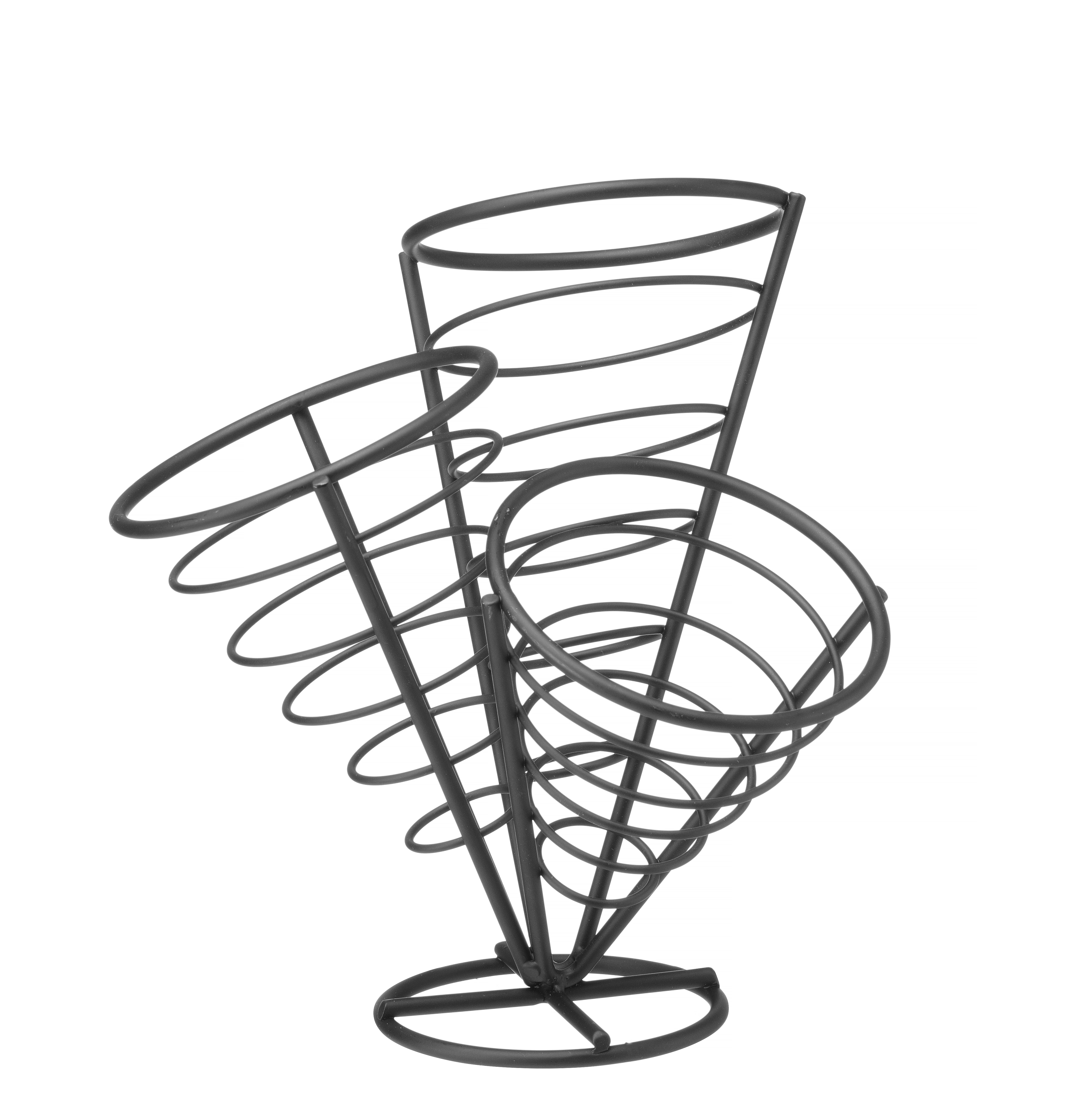 Espositore in metallo nero con tre sezioni a forma di cono a spirale. Ha una base rotonda.