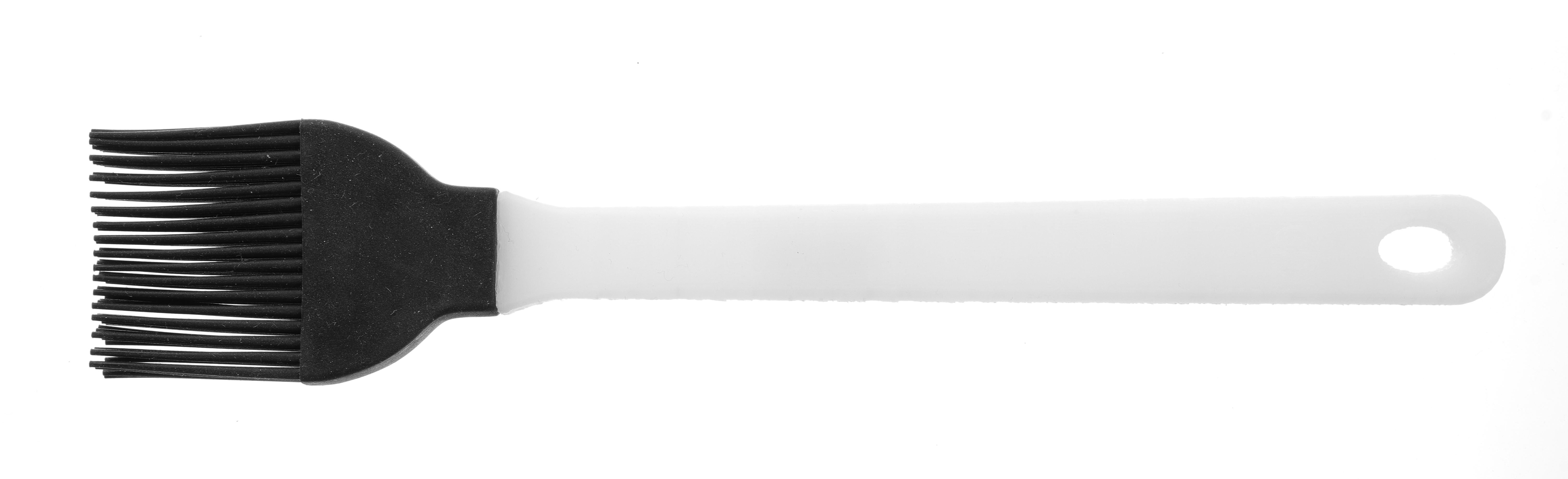 Un pennello in silicone nero con manico bianco, per cucinare, su sfondo bianco.