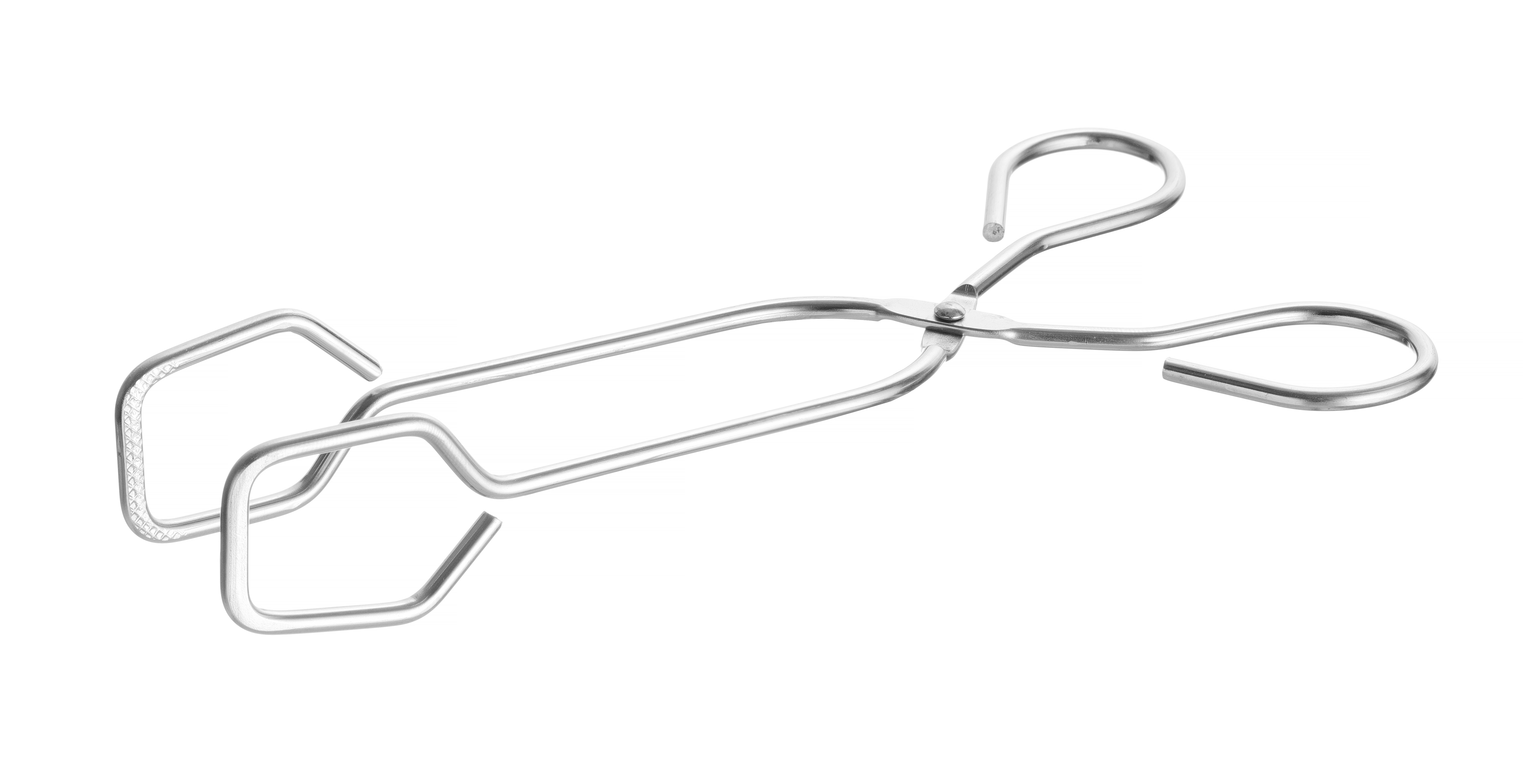 Pinze in metallo argentato, aperte, con manici e ganci curvi. Per la manipolazione degli alimenti.
