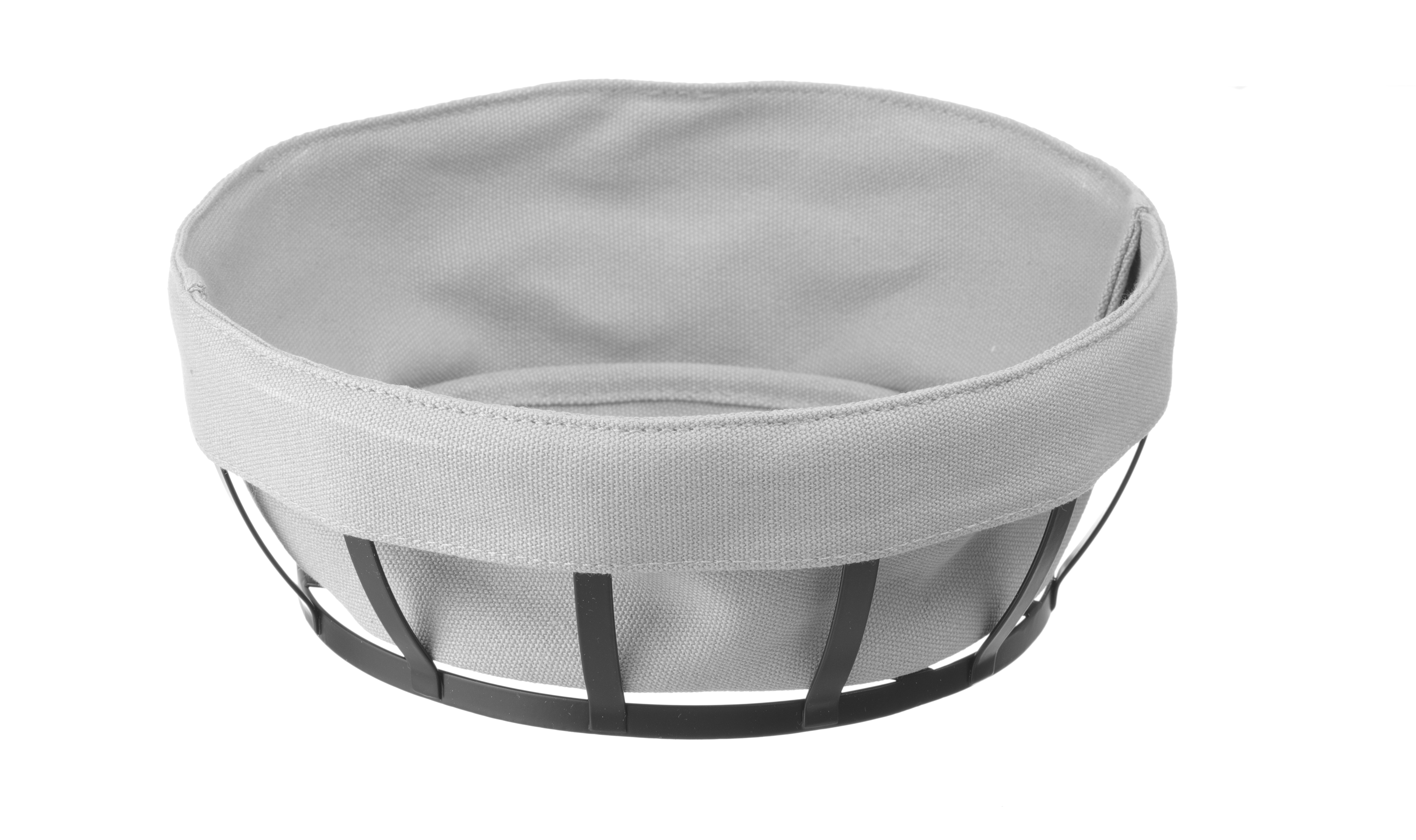 Cestino rotondo con rivestimento in tessuto grigio e telaio in metallo nero.