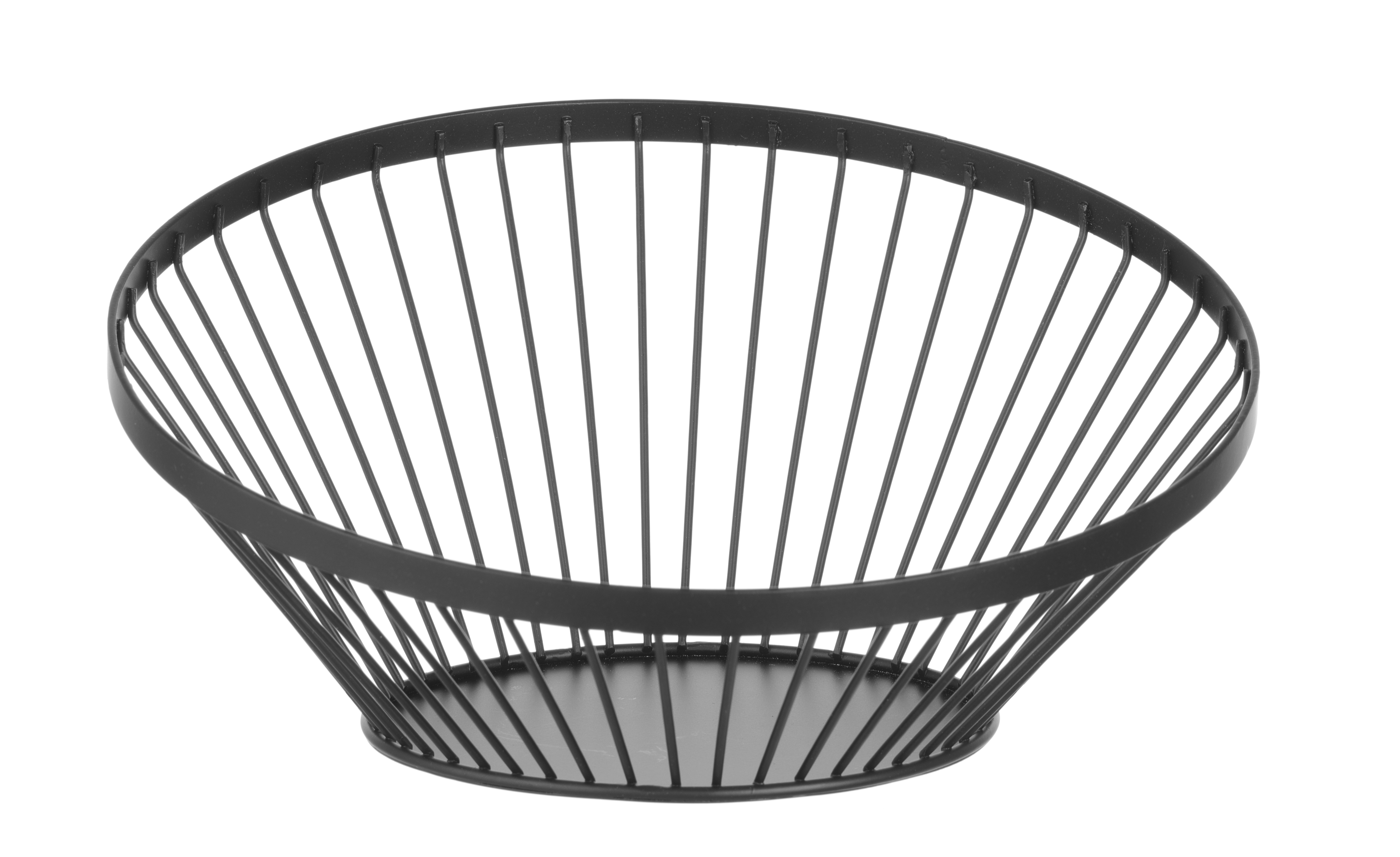 Cesto in filo metallico nero, forma rotonda con barre verticali. Vuoto, su sfondo bianco.