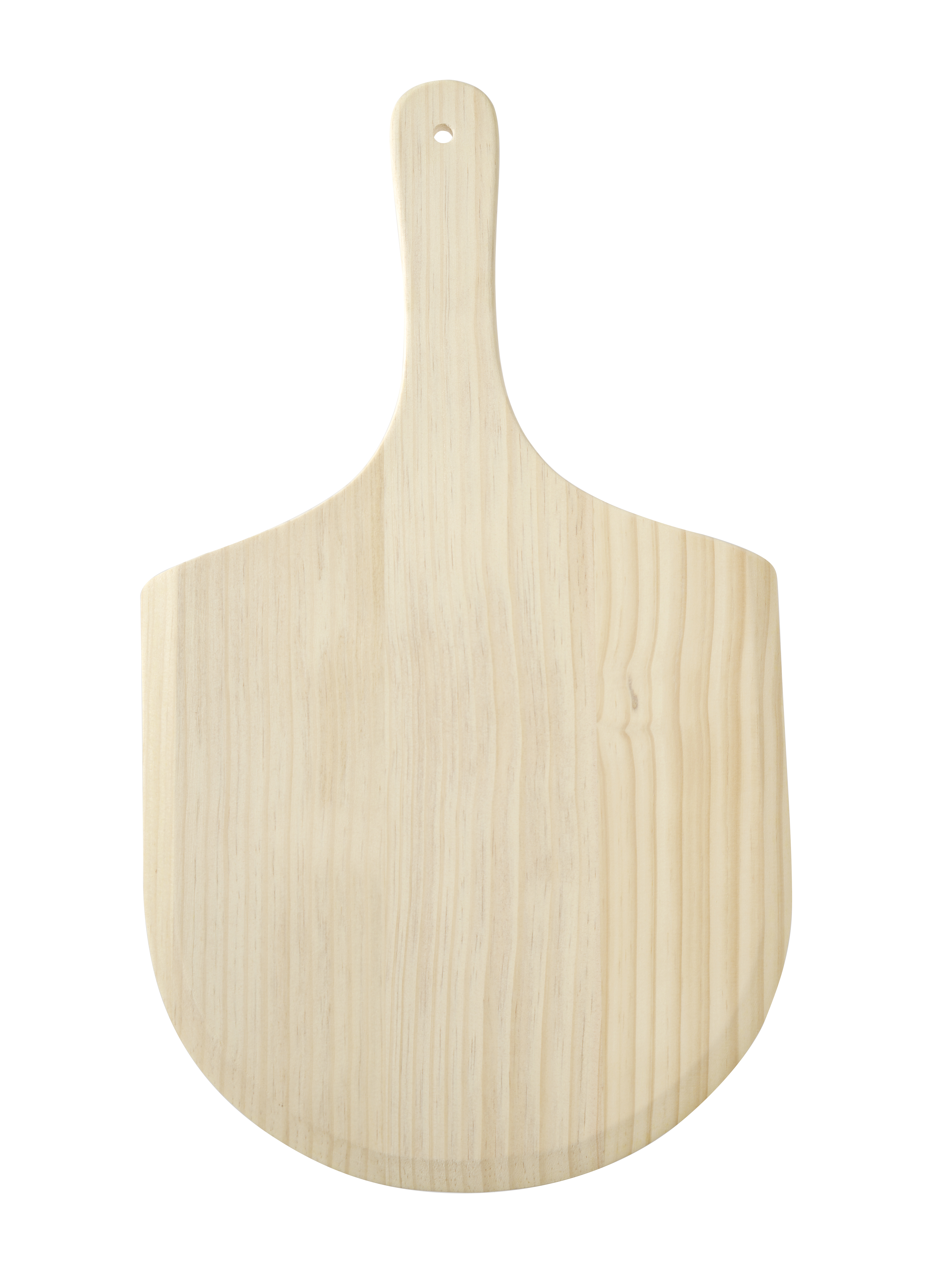 Una pala per pizza in legno con un lungo manico. Sfondo bianco.