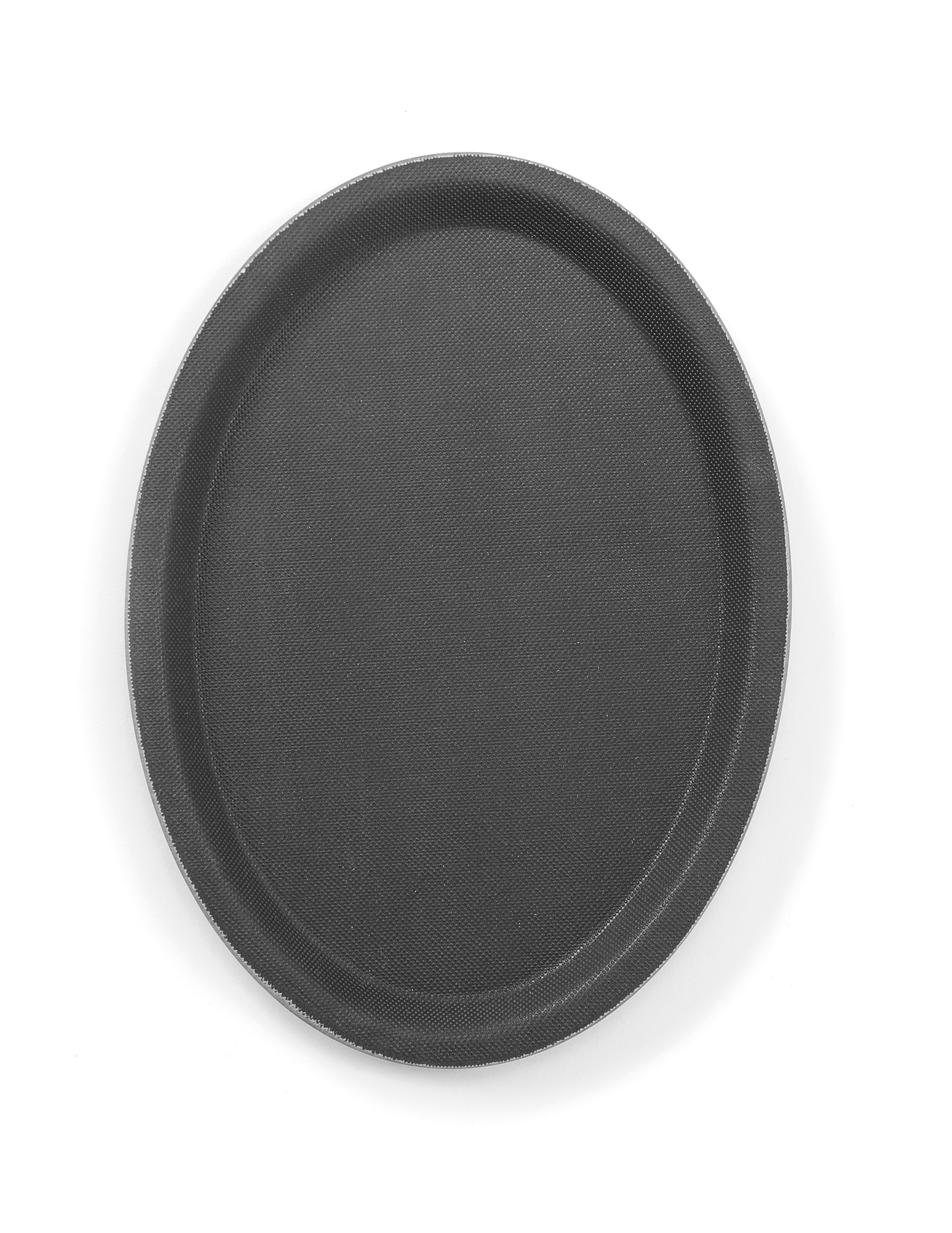 Un vassoio ovale in plastica nera su sfondo bianco.