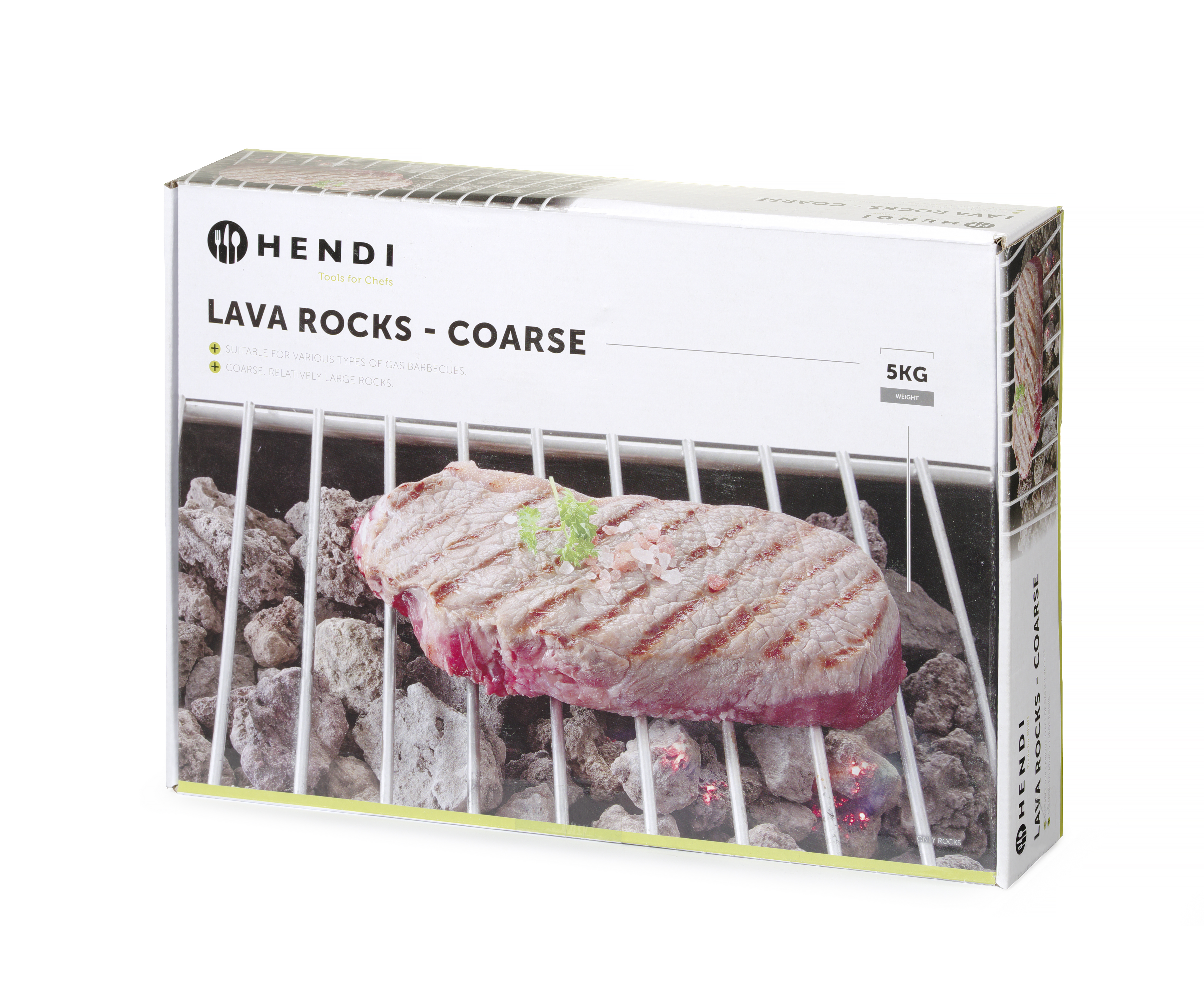 Scatola con bistecca su rocce laviche. La scatola ha grafica e testo. Sfondo bianco.