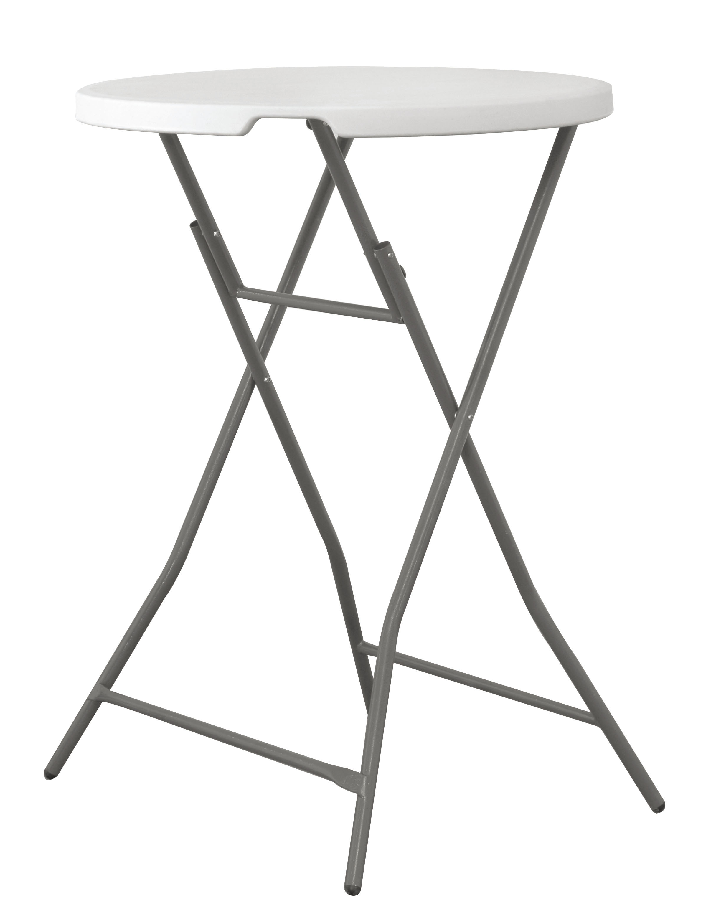 Un tavolo pieghevole bianco su sfondo bianco. Ha un piano rotondo e gambe grigie.