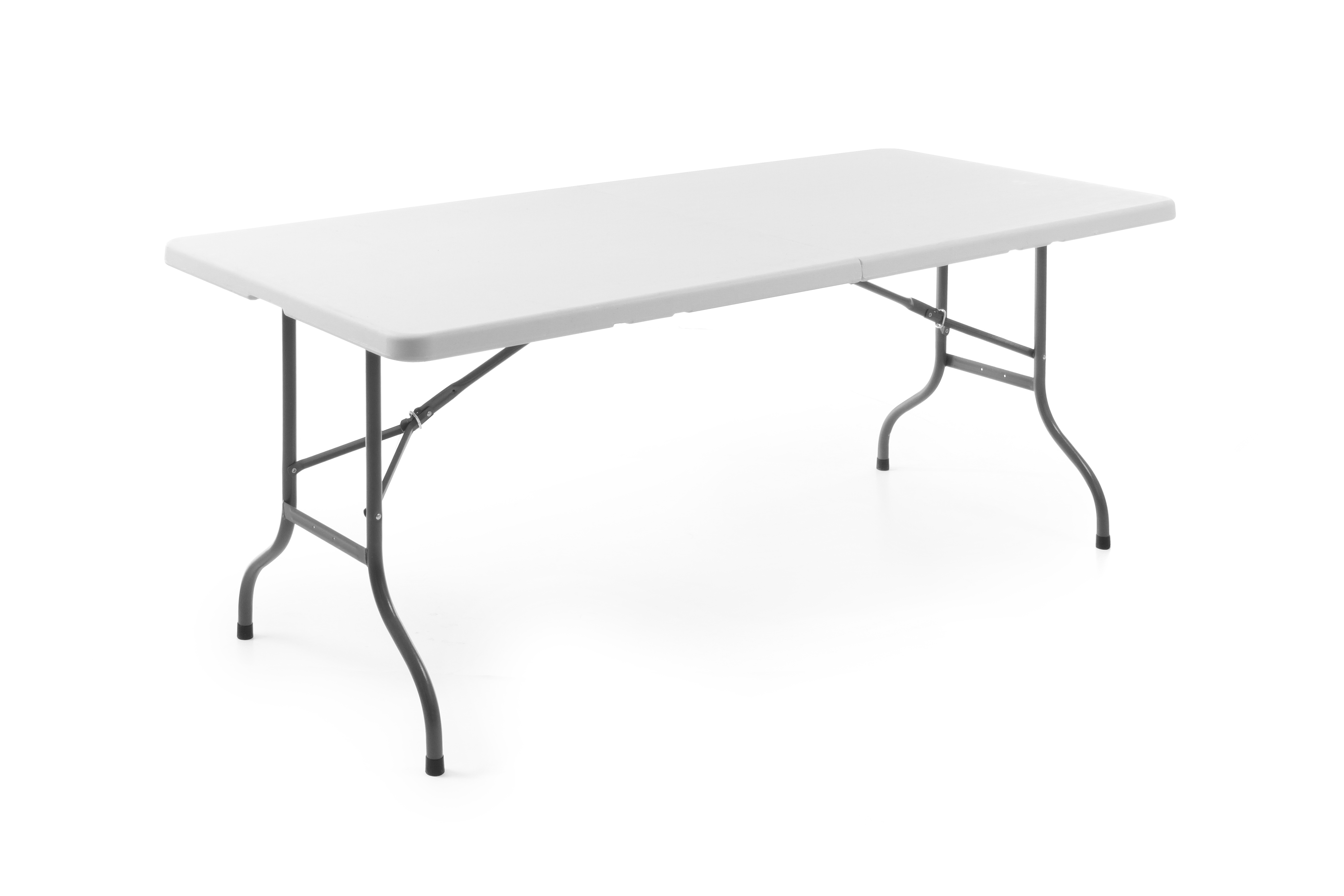 Tavolo pieghevole rettangolare bianco con gambe curve, su bianco.