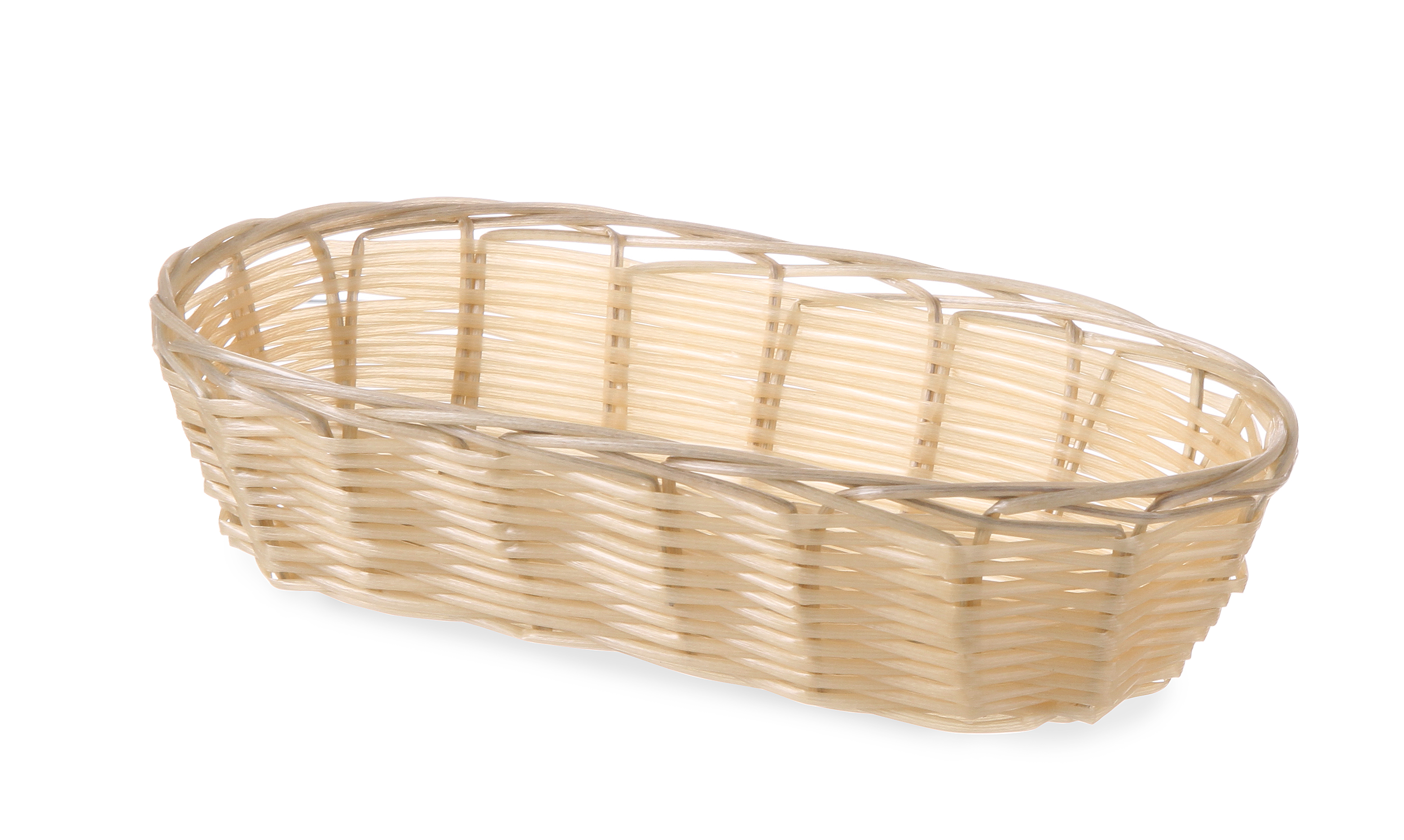 Cestino ovale intrecciato, colore marrone chiaro, vuoto, ideale per servire pane o pasticceria.