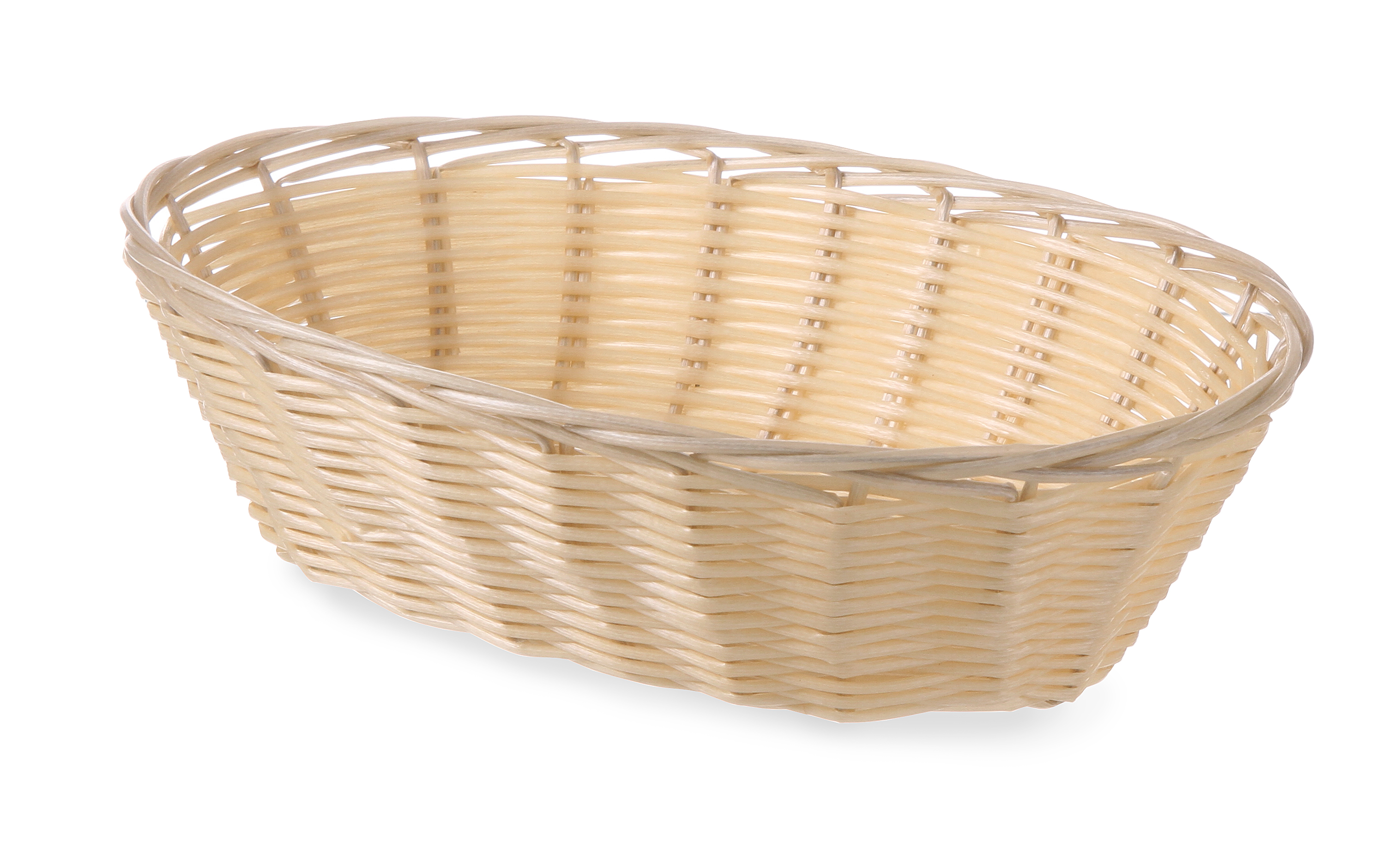 Cestino ovale intrecciato, beige, su sfondo bianco. Vista angolata.