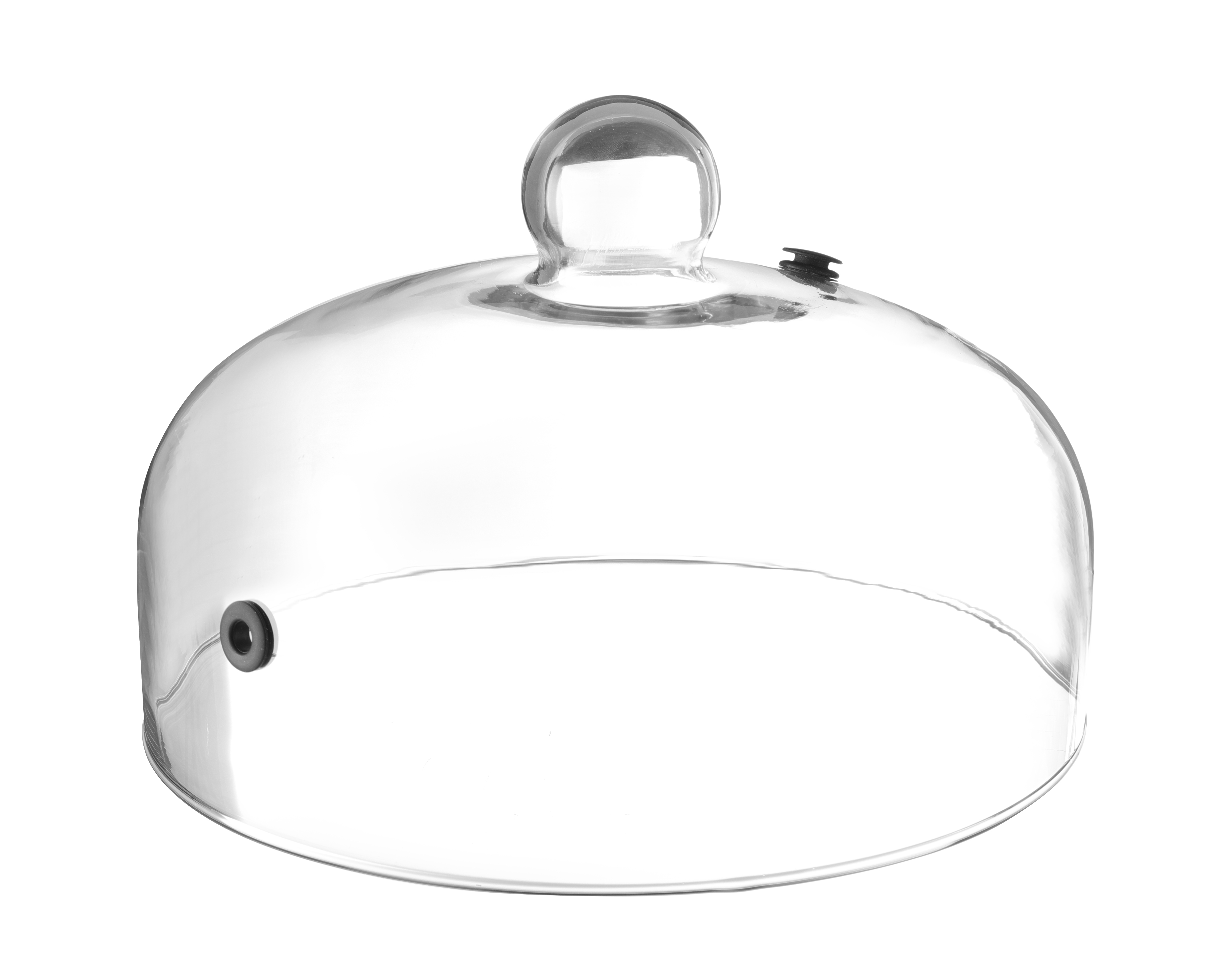 Cupola per torte in vetro trasparente con maniglia a pomello e due prese d'aria, su sfondo bianco.