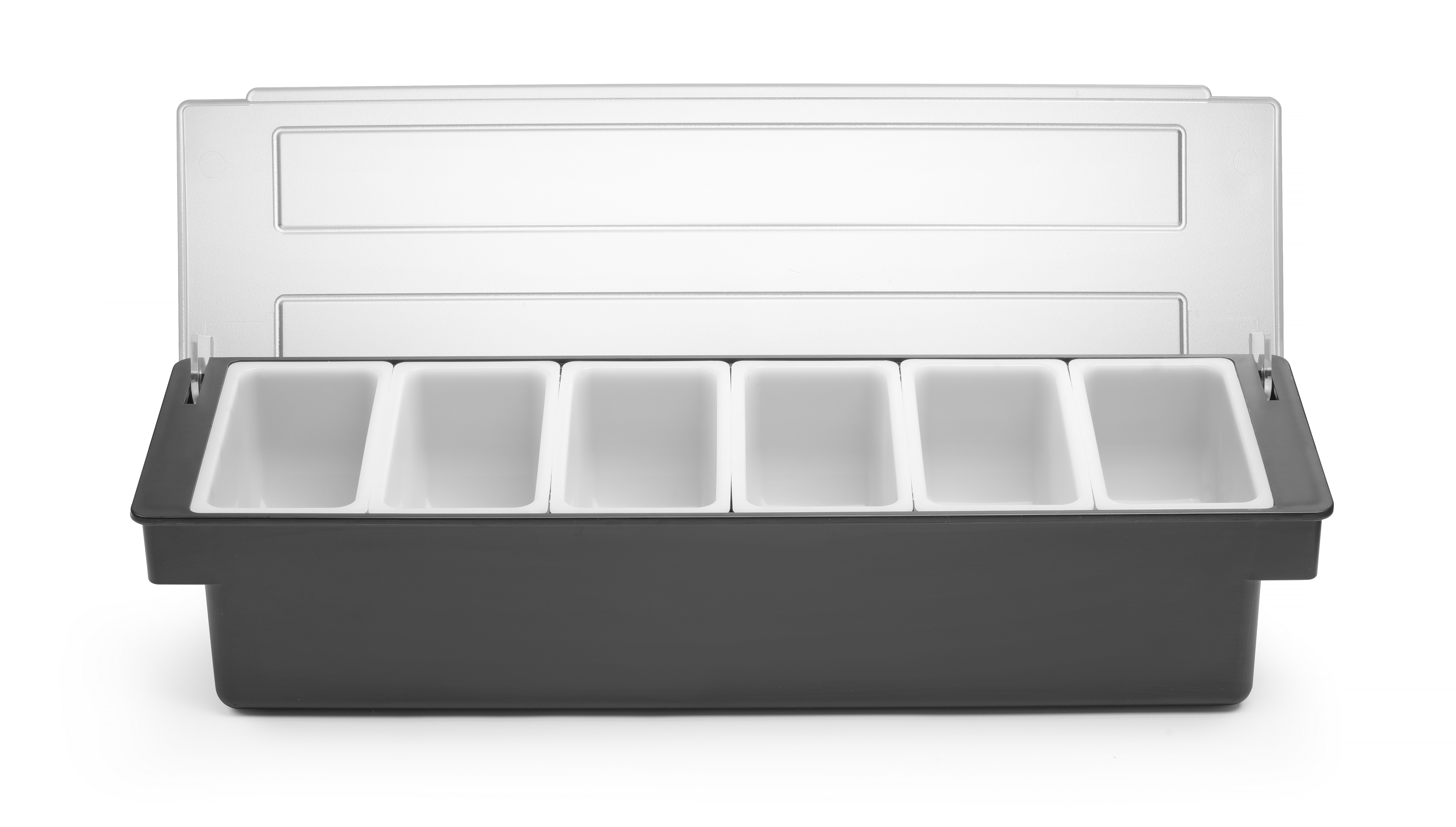 Contenitore nero con sei scomparti bianchi, con coperchio trasparente.